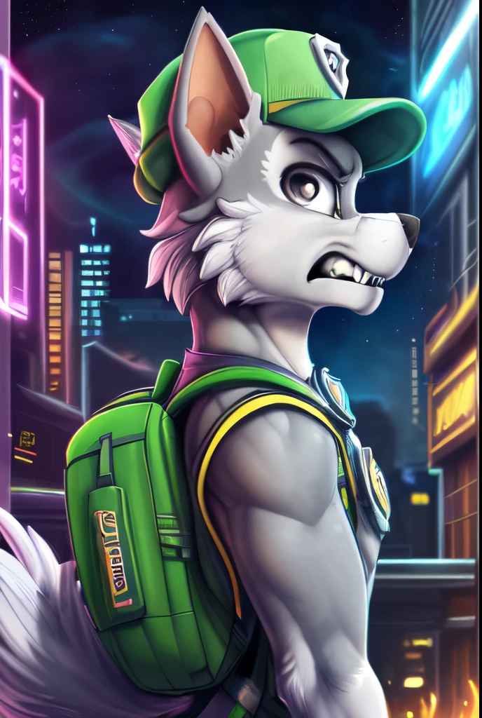 Rocky ((Paw Patrol)), ((male solo)), (male:1.95)domestic dog, male, adult male, brown eyes, (((gray fur)), ((gray body)), (wearing Paw Patrol gear:1.25), (wearing a green cap:1.25), (wearing Paw Patrol bagpack:1.45), (feral:2.25), (quadruped:2.25), ((sharp teeths)), ((large fangs)), gray eyes, (Shiny eyes:1.6), ((Pixar eyes)), perfect eyes, ((glowing eyes)), (hyper realistic:1.65), ((very large fangs)), perfect ligthing, (Cyberpunk city background:1.25), (buildings on fire:1.25), (back side view:1.45), looking at Viewer, ((spread legs)), spread legs, (rajii:1.1) (dimwitdog:1.1), (thesecretcave:1.25), (cooliehigh:1.1), (miles-df:1.1), (complextree:1.1), (pixelsketcher:1.1), (foxovh:1.1), (zaush:1.1), (avante92:0.70), (meesh:1.1), (inu-sama:0.80), (cervina7:1.1), (F-R95:0.70), (R-mk:1.1), (xpray:1.1), (standing tall:1.65), (close up to face:1.35) (brave pose:1.25), (valiant pose:1.25), (strong male:1.25), (brave male:1.85), (angry expression:1.65), (nebula:1.35), (starry:1.35), (some muscles:1.65), (snarling:1.45)