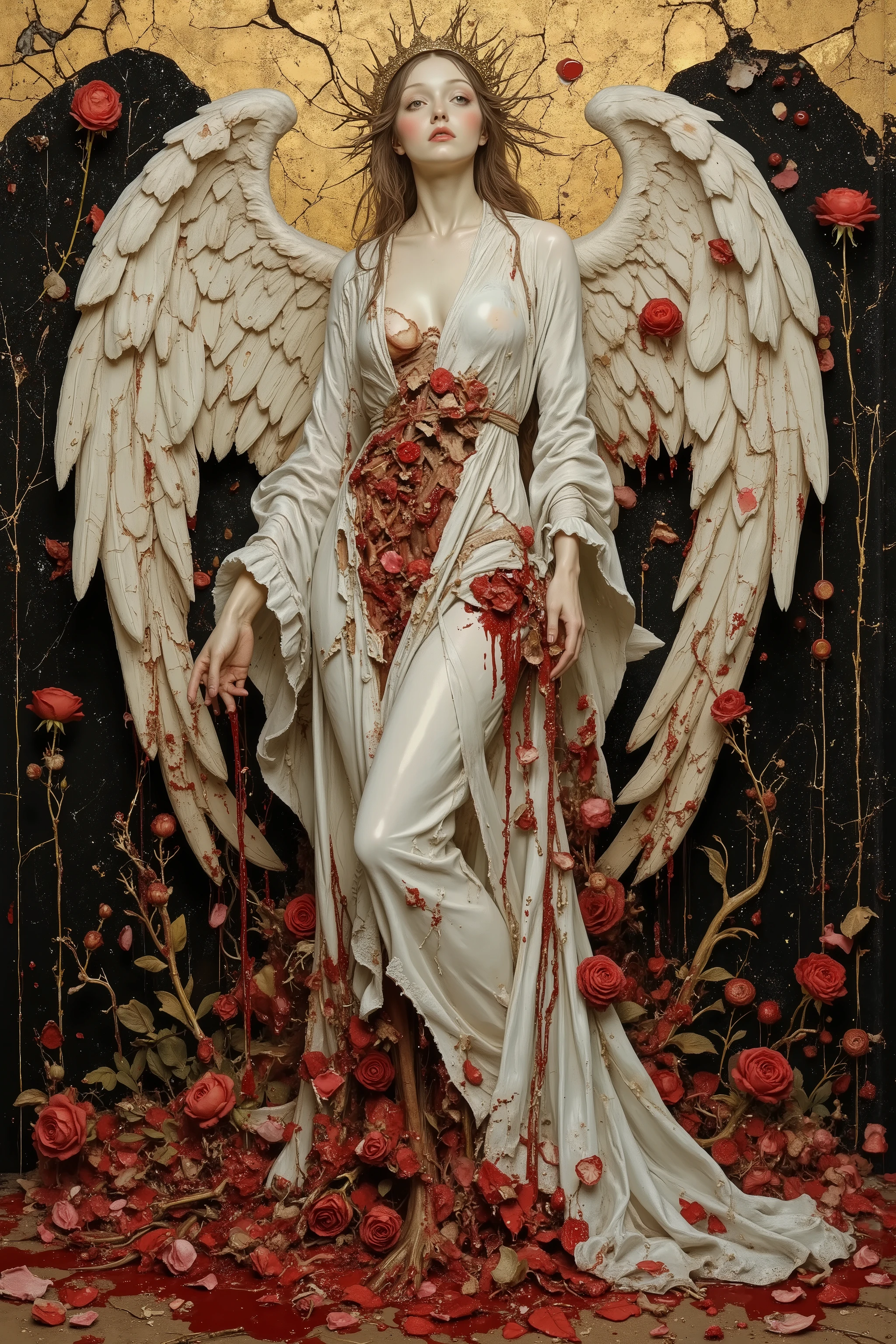 ((beautiful angel Spread wings)),like sculpture skin,melancholy,androgynous,(fashion portrait,famous pose,dynamic pose),((wearing pure white robe and crown of thorns:1.3)),heavy crack and damaged Sculpture skin,show inside anatomical bloody gore body,spread arms,(blood puddle,blood splatter),Roses wrapped around the wings,((blood like a lot beautiful vivid red rose petal:1.2)),(Shattered blooms rose,rose petal blizzard,tangled:1.2),(cracked gold background),gorgeous,Granulated,plants,blood vessels,flesh,decay,ritual,blasphemy,Nipples and Genitals are hidden,Gustav Klimt style,Kris Kuksi style,baroque art style,dynamic angle,dramatic,cinematic lighting,realistic image,beautiful detailed,High Definition,high detail,realistic,high detail,soft forcus, OANATO,made of blood and gore,nisa