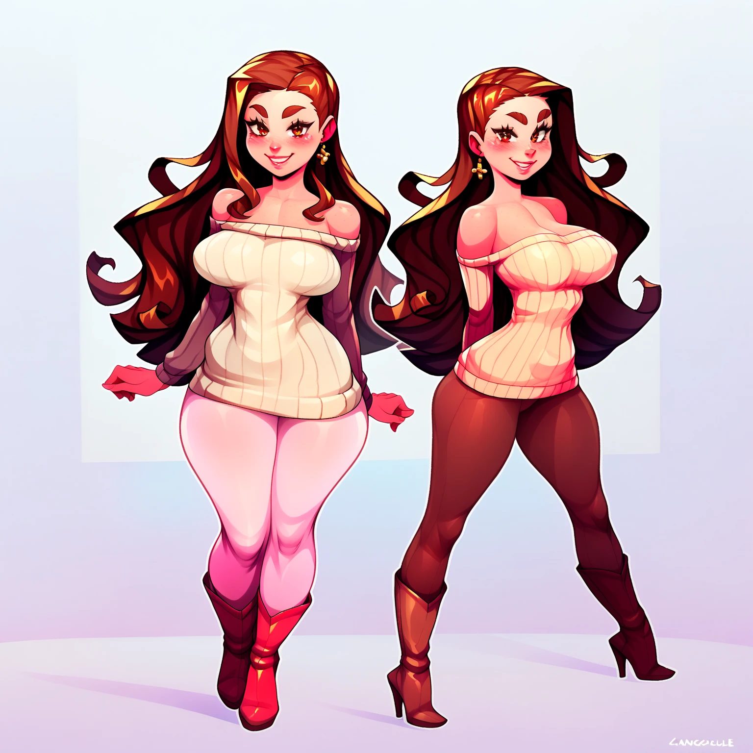  A sexy cartoon woman in white dress posing gracefully for a photo, beauty in jeans, long straight red hair, Waist slender, sexy girl, mulher de corpo inteiro, wearing jeans, beautiful seductive woman, slender figure, cartoon vector style, corpo pin-up, Broad Hips