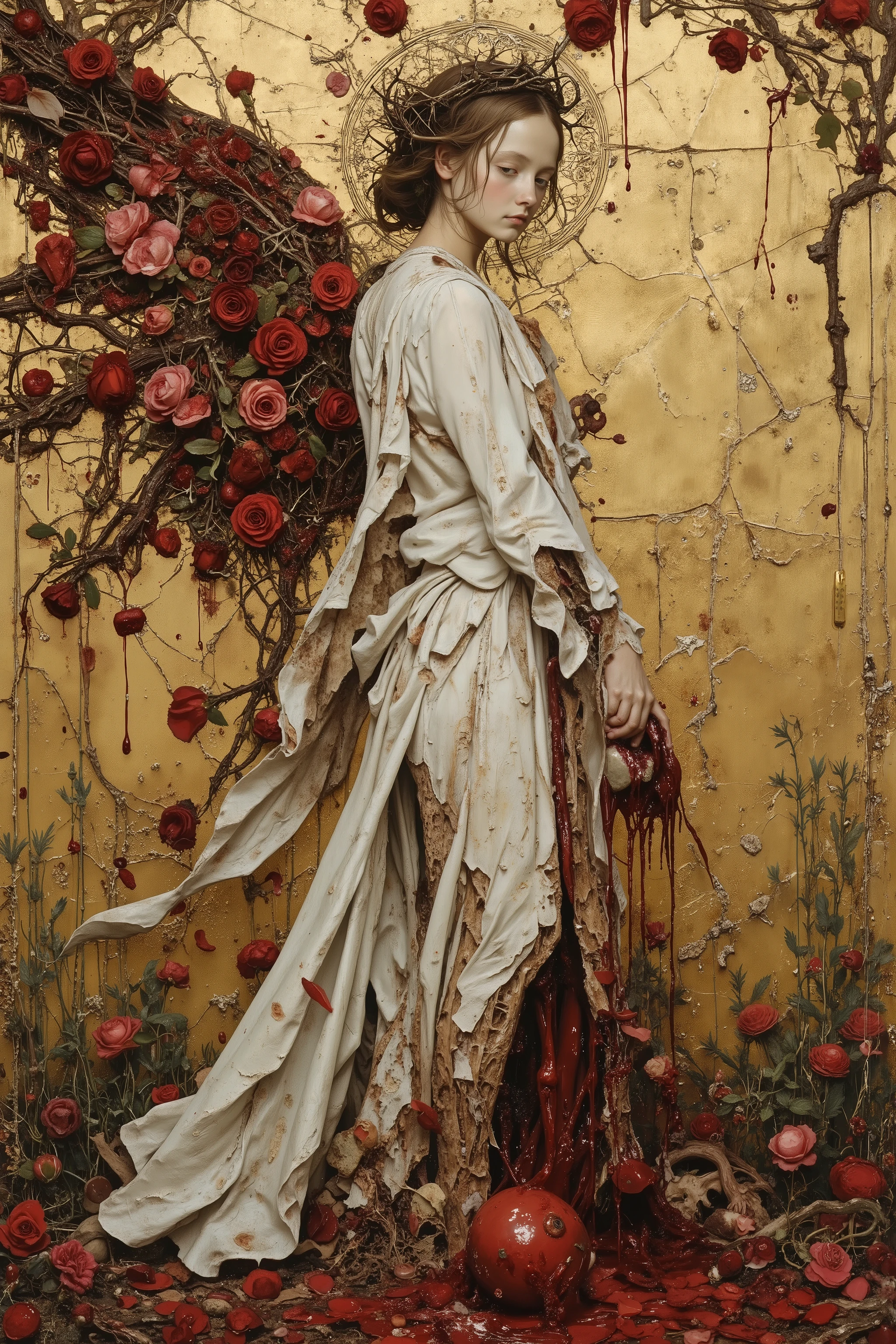 from side,((beautiful angel)),like sculpture skin,melancholy,sadness,androgynous,(fashion portrait,famous pose,dynamic pose),((wearing pure white robe and crown of thorns:1.3)),heavy crack and damaged Sculpture skin,show inside anatomical bloody gore body,spread arms,(blood puddle,blood splatter),Roses wrapped around the wings,((blood like a lot beautiful vivid red rose petal:1.2)),(Shattered blooms rose,rose petal blizzard,tangled:1.2),(cracked gold background),gorgeous,Granulated,plants,blood vessels,flesh,decay,ritual,blasphemy,Nipples and Genitals are hidden,Gustav Klimt style,Kris Kuksi style,baroque art style,dynamic angle,dramatic,cinematic lighting,realistic image,beautiful detailed,High Definition,high detail,realistic,high detail,soft forcus, OANATO,made of blood and gore,nisa