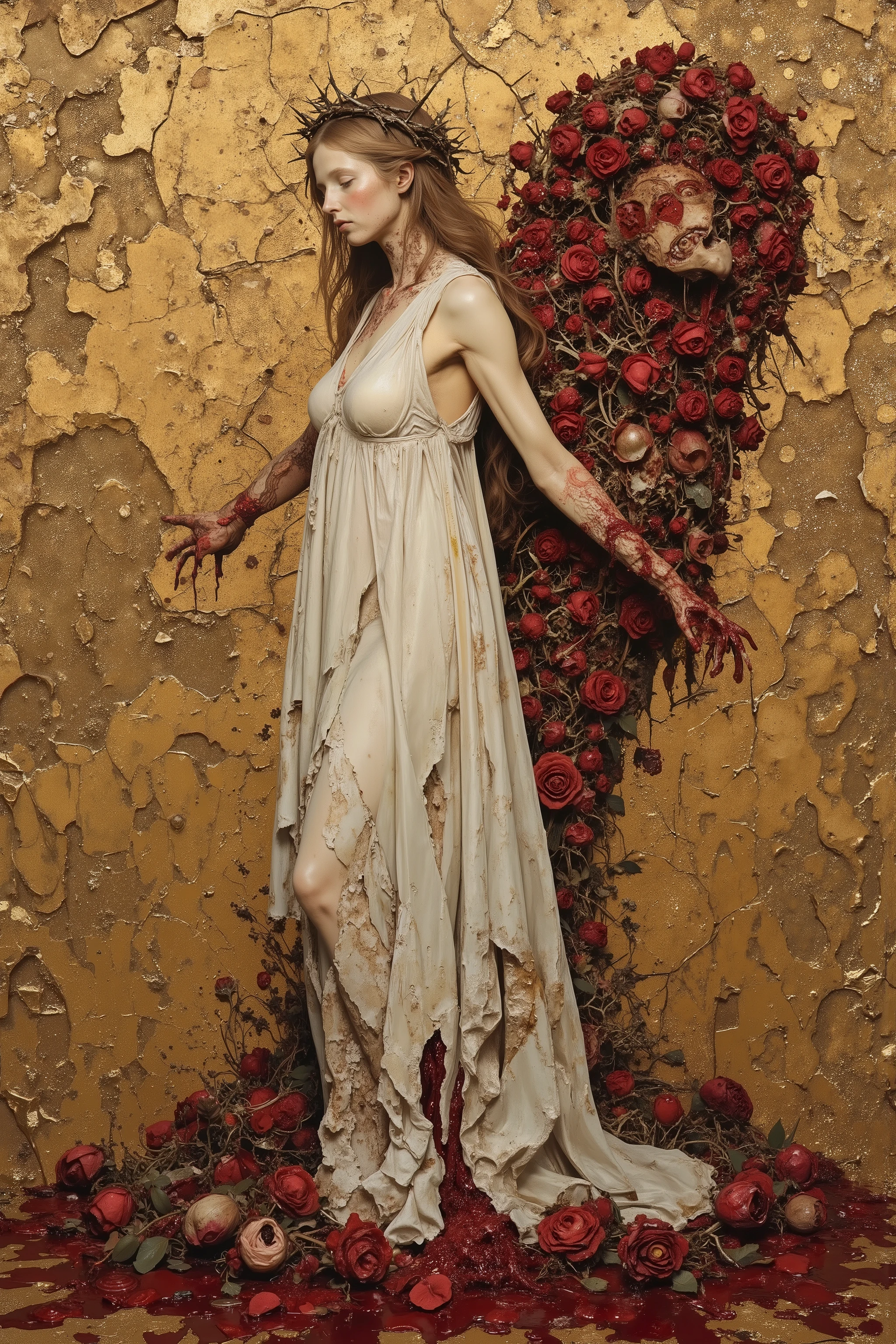 from side,((beautiful angel)),like sculpture skin,melancholy,sadness,androgynous,(fashion portrait,famous pose,dynamic pose),((wearing pure white robe and crown of thorns:1.3)),heavy crack and damaged Sculpture skin,(show inside anatomical bloody gore body),spread arms,(blood puddle,blood splatter),Roses wrapped around the wings,((blood like a lot beautiful vivid red rose petal:1.2)),(Shattered blooms rose,rose petal blizzard,tangled:1.2),(cracked gold background),gorgeous,Granulated,plants,blood vessels,flesh,decay,ritual,blasphemy,Nipples and Genitals are hidden,Gustav Klimt style,Kris Kuksi style,baroque art style,dynamic angle,dramatic,cinematic lighting,realistic image,beautiful detailed,High Definition,high detail,realistic,high detail,soft forcus, OANATO,made of blood and gore,nisa