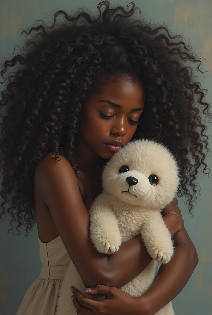 A little black girl with curly hair with a furry white dog but hands 