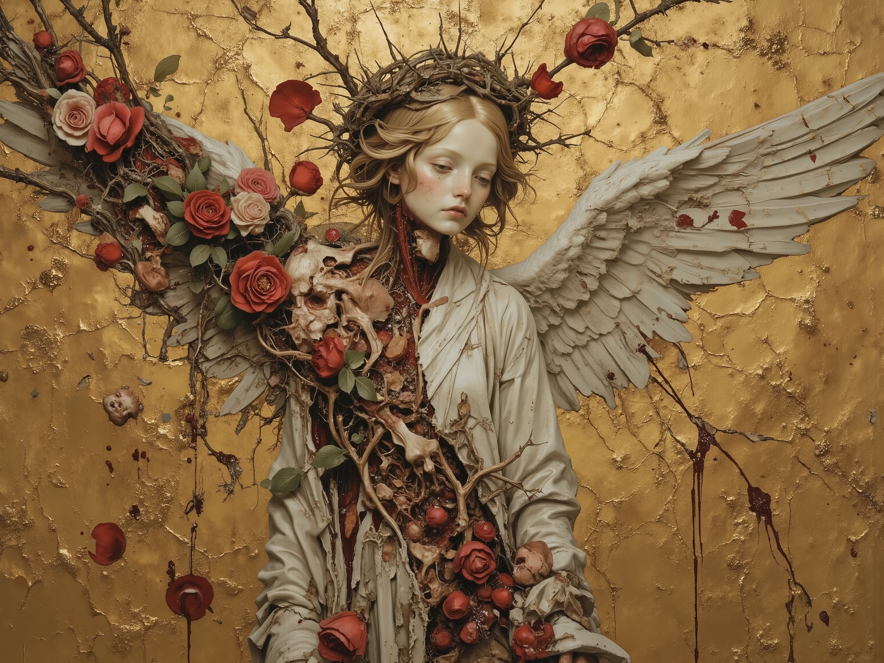 from side,((beautiful angel)),like sculpture skin,melancholy,sadness,androgynous,(fashion portrait,famous pose,dynamic pose),((wearing pure white robe and crown of thorns:1.3)),heavy crack and damaged Sculpture skin,(show inside anatomical bloody gore body),spread arms,(blood puddle,blood splatter),Roses wrapped around the wings,((blood like a lot beautiful vivid red rose petal:1.2)),(Shattered blooms rose,rose petal blizzard,tangled:1.2),(cracked gold background),gorgeous,Granulated,plants,blood vessels,flesh,decay,ritual,blasphemy,Nipples and Genitals are hidden,Gustav Klimt style,Kris Kuksi style,baroque art style,dynamic angle,dramatic,cinematic lighting,realistic image,beautiful detailed,High Definition,high detail,realistic,high detail,soft forcus, OANATO,made of blood and gore,nisa