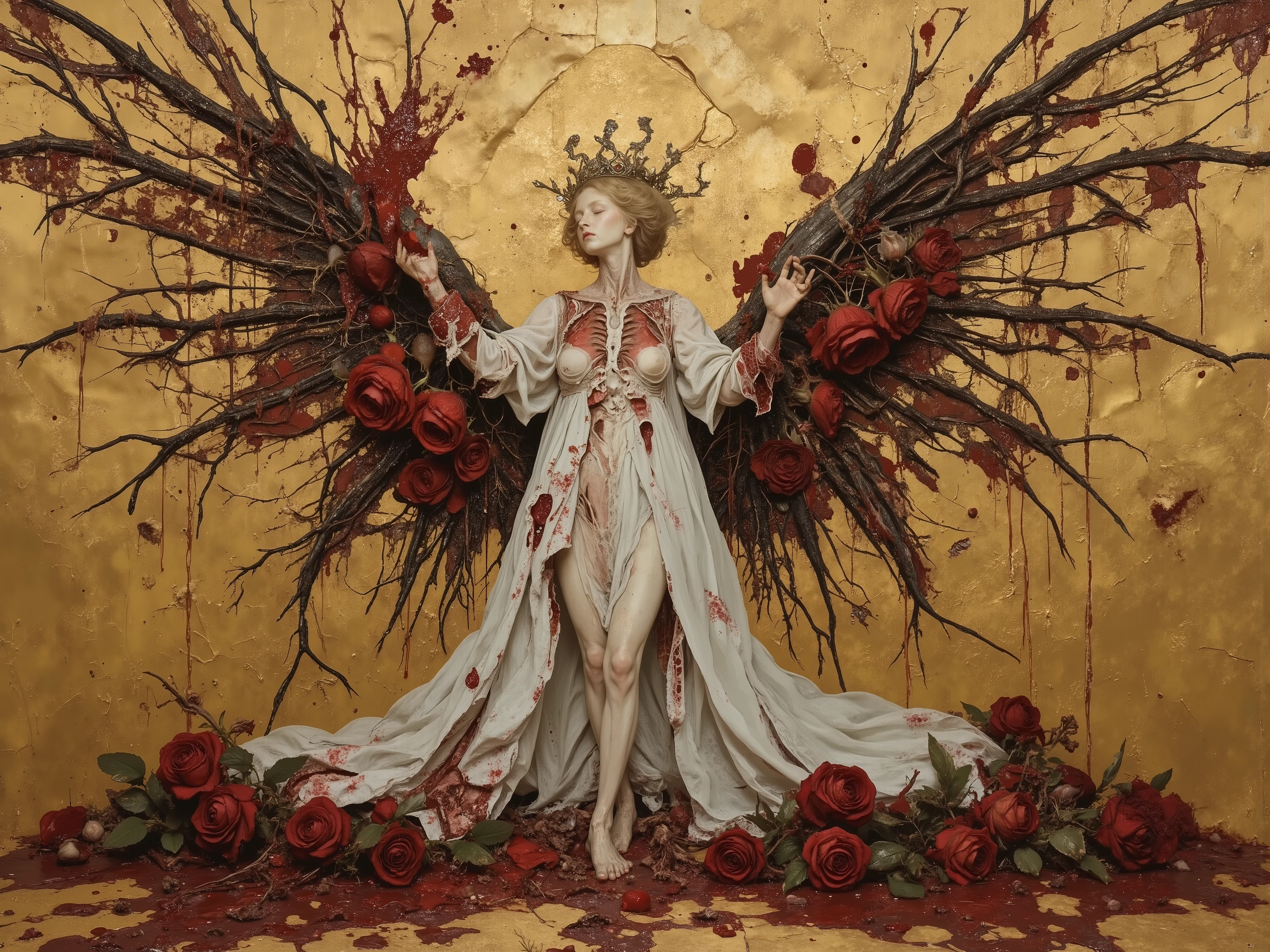 from side,((beautiful angel)),like sculpture skin,melancholy,sadness,androgynous,(fashion portrait,famous pose,dynamic pose),((wearing pure white robe and crown of thorns:1.3)),heavy crack and damaged Sculpture skin,(show inside anatomical bloody gore body),spread arms,(blood puddle,blood splatter),Roses wrapped around the wings,((blood like a lot beautiful vivid red rose petal:1.2)),(Shattered blooms rose,rose petal blizzard,tangled:1.2),(cracked gold background),gorgeous,Granulated,plants,blood vessels,flesh,decay,ritual,blasphemy,Nipples and Genitals are hidden,Gustav Klimt style,Kris Kuksi style,baroque art style,dynamic angle,dramatic,cinematic lighting,realistic image,beautiful detailed,High Definition,high detail,realistic,high detail,soft forcus, OANATO,made of blood and gore,nisa