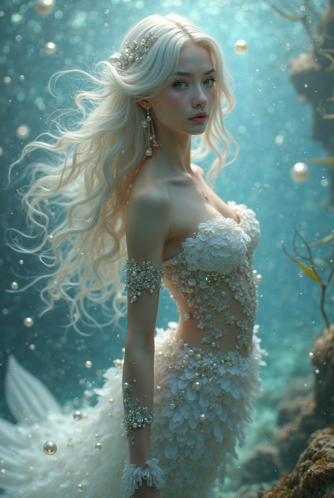 A  mermaid,underwater,leaning against the sea,white hair,realistic style with fantasy elements,real characters have fish tails,high-definition,realistic Baby blue and light black,charming realistic characters,shiny skin,Surrealism,detailed clothing,The Tyndall effect,The Holy sky light enhances your features and highlights your eyes. You are the star of the show,(chiaroscuro,Fujicolor, UHD, super detail ,raw,85mm,f/1.2,FujifilmXT4,), big fake lips  
