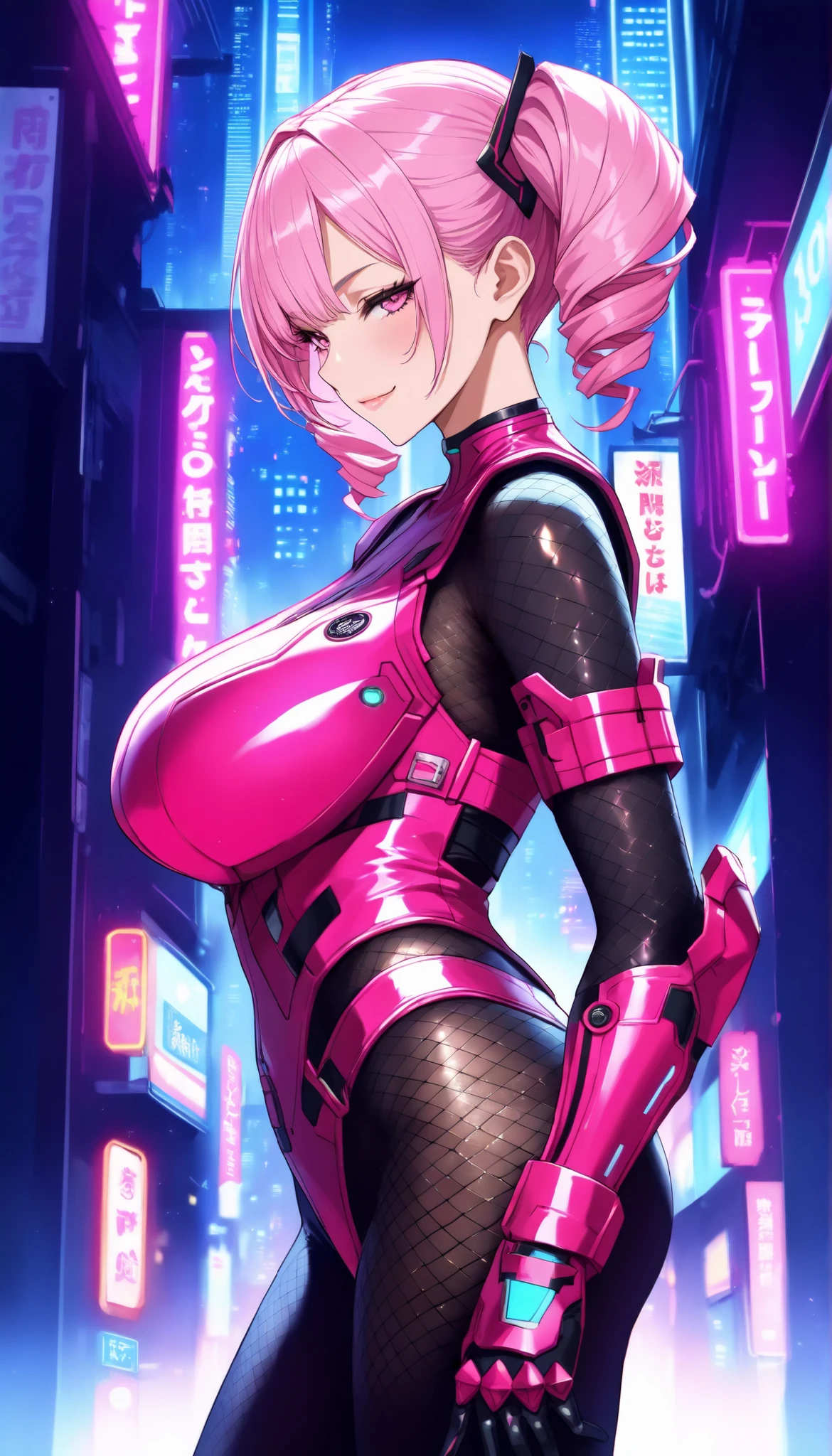 1 female, front view, pink hair, full body, feisty look realistic lips, neon blue techno spandex, small waist, wide hips, , exposed cleavage, fighting pose, pink tactical belt, standing in front of a round mecha bot, hourglass figure, annoyed, in a jungle, short hair, best quality