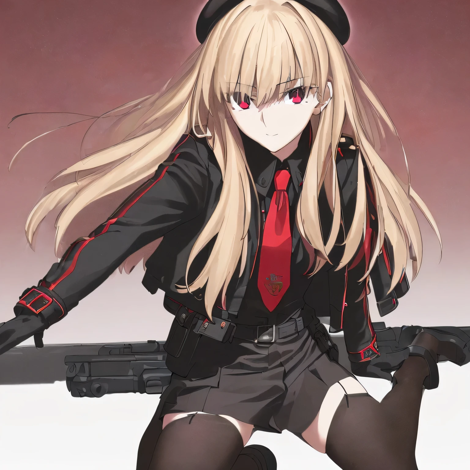 (Best Quality、In 8K、32K、Masterpiece Super、ultra high resolution、Impressionism、realistic:1.harp concentration、 beautiful画像, beautiful美学, ,(!!beautiful!!)、 sharp pupils、realistic student、beautiful顔、18 year old beautiful girl、 Shiny Skin,1girl,solo, long hair,dark-blonde hair,straight hair,black beret edging red,(black jacket:1.5), cropped jacket, open jacket, red necktie, black shirt, black leotard,long sleeves, gloves, pouch, ammunition belt, (dark-brown stockings),(black thighhighs),short black stiletto heels,best quality, ultra-detailed,standing, simple background, looking at viewer, holiding gun,five finger,straight-on, close to viewer, full body, face focus, dutch angle,low-angle view,intricate, hyper-detailed, 100-layer, amazing quality, excellent, {{{{ultra-high resolution}}}}, {{{hi-vision anime}}},