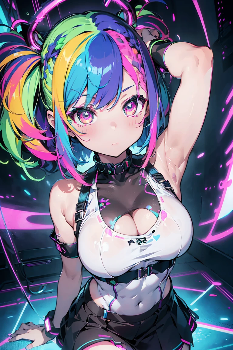 ((masterpiece、top-quality:1.5、a high chroma:1.5、ultra-detailliert、high-resolution illustrations:1.5、Ultra-high-definition CG、8k size wallpaper、offcial art))、(1girl,),(erotic cute face:1.5,cute eyes:1.5)、(clear face:1.3)、(sexy body),(),(erotic metallic pink latex suit、chest cutout:1.3),(fluorescence multicolored hair:1.5), (large breasts:1.3)、
,(Glossy costumes),()、(cowboy shot:1.5)、rainbow-colored hair、(universe
station)