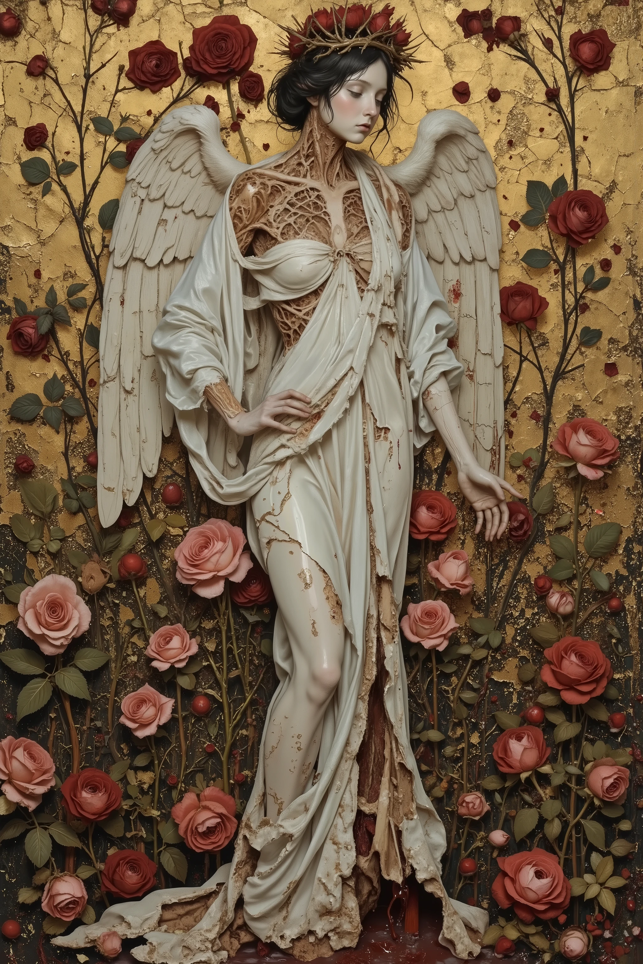 from side,((beautiful angel)),like sculpture skin,melancholy,sadness,androgynous,(fashion portrait,famous pose,dynamic pose),((wearing pure white robe and crown of thorns:1.3)),heavy crack and damaged Sculpture skin,show inside anatomical bloody gore body,spread arms,(blood puddle,blood splatter),Roses wrapped around the wings,((blood like a lot beautiful vivid red rose petal:1.2)),(Shattered blooms rose,rose petal blizzard,tangled:1.2),(cracked gold background),gorgeous,Granulated,plants,blood vessels,flesh,decay,ritual,blasphemy,Nipples and Genitals are hidden,Gustav Klimt style,Kris Kuksi style,baroque art style,dynamic angle,dramatic,cinematic lighting,realistic image,beautiful detailed,High Definition,high detail,realistic,high detail,soft forcus, OANATO,made of blood and gore,nisa