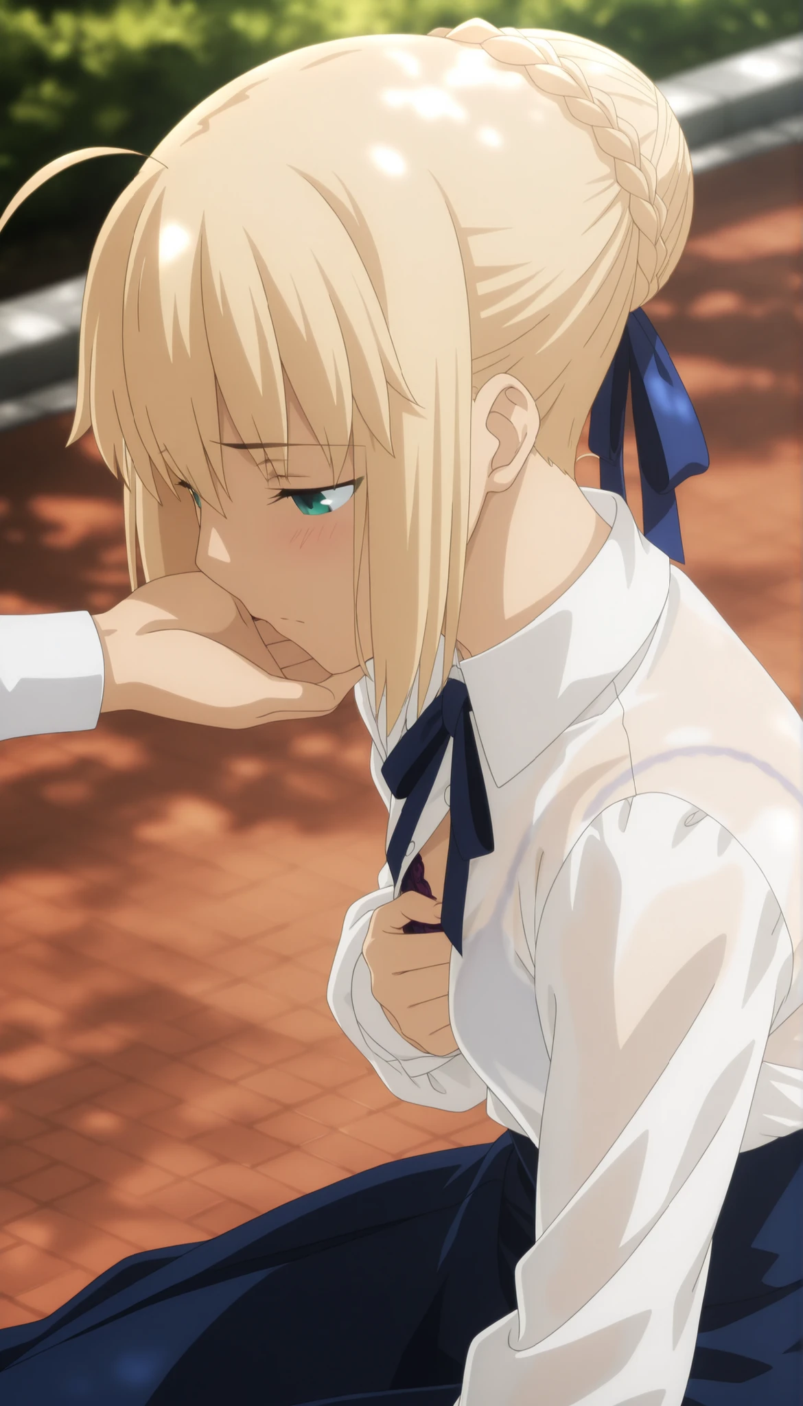 masterpiece, best quality, amazing quality, highres, absurdres, very aesthetic, high resolution, ultra detailed, perfect details, solo, day, , outdoors, ufotable style, (dappled sunlight), backlight, upper body, (from side, from above),
1girl, ufotable style, anime style, (anime coloring:1.5), (anime screencap:1.2) , (see-through), ((face down, turning one’s face away)), ,
girl, slim body, slender body, ,Fate Grand Order, fate, Fate Grand Order, artoria pendragon (fate), saber (fate), blonde hair, green eyes, ((half-closed eyes)), ahoge, hair ribbon, blue ribbon, french braid, braided bun, single hair bun, short hair, sidelocks, sitting, covering breasts, ,
(), neck ribbon, blue ribbon, white shirt, collared shirt, long sleeves, blue skirt, high-waist skirt, long skirt, black pantyhose, (bra), (small breast), (looking down), expressionless, (embarrassed), ,