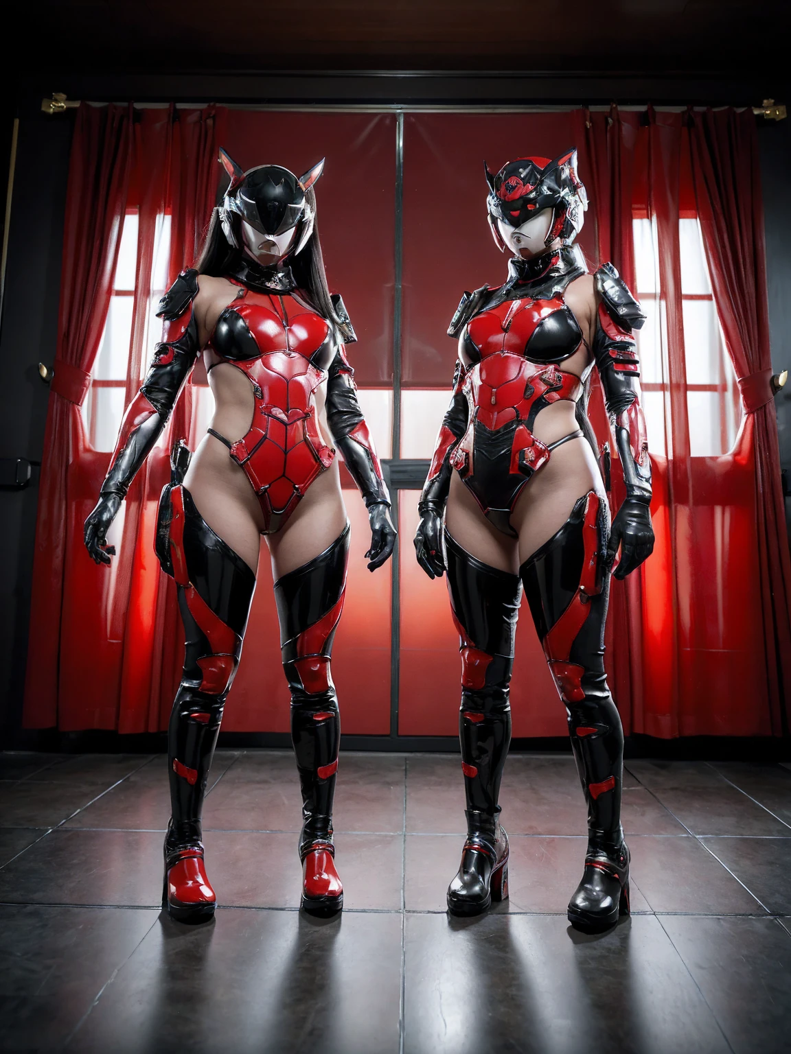 (full body portrait, 1 girl, looking at viewer, highly detailed, anatomy correct:1.4), domino_operator, red latex bodysuit, black short hair, black gloves, black boots, tactical gear, ((Best quality, masterpiece, Very beautiful woman)), Depth-of-field, Multi-layered textures, HDR (High Dynamic Range), Ray Tracing, NVIDIA RTX, Unreal 5, Subsurface scattering, PBR Texturing, Post-processing, Anisotropic Filtering, Maximum clarity and sharpness, Wide aperture, Low ISO, White balance, Rule of thirds, 8K RAW, (extremely slutty), (Highly realistic skin), sharp image, (extremely high quality artwork), ((the background is a place in the artic))
