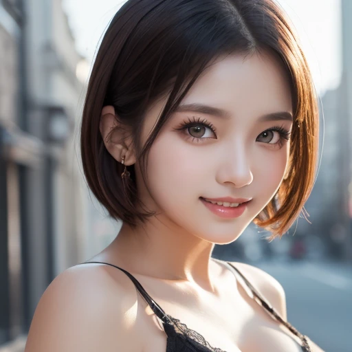 (masterpiece)、(highest quality:1.5)、(16k wallpaper:1.2)、(Photorealistic:1.2)、(Ultra-detailed:1.2)、(Surreal), (High resolution), (Very detailed), (Professional), (Realistic), (Post-processing), (Very detailed),(Sharp focus), Sharp focus:1.2,Photorealistic, Ultra-realistic, Backlight, (Improvement of quality:1.4), Healthy thighs、(Narrow waist)、Big Ass、(Beautiful legs)、((Perfectly detailed five-fingered hands)),(Anatomically correct body)、((1 female:1.4))、Japanese、Asian、Realistic Skin、(Small chest:1.4)、Bust size is C cup、Pretty woman with perfect figure:1.4,(from the front:1.5), (Enhances the beauty of skin texture:1.1), (Beautiful fine details), (Detailed face),Beautiful realistic face,No makeup、美しいBlack Hair、The best smile、Natural color lip、(Small Mouth:1.2)、(Oval Face)、Even bangs、Hide eyebrows with bangs、((29-year-old woman))、Bob Hair、Hair blowing in the wind, (Black Hair, Iris, Watery eyes, Shining Eyes, Bob cut hair, Small earrings,), Hair behind the ear、No makeup、(Drooping eyes)、Drooping eye corners、Professionalのカメラマンが撮影した写真,1 girl, Cute Smile.whole body、(((One lovely woman)),((A big friendly smile)),(( Small breasts,Small breastsの谷間)),((((Plump Cheeks)))),((whole body:1.5))、(Narrow waist、Slender Body)、Sexy and cute look and cute 29-year-old 美しい girl, 美しい and sexy face、Hair blowing in the wind、