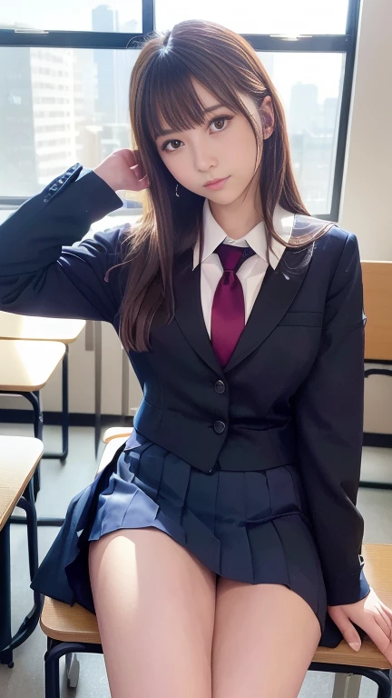 highest quality,Super detailed,masterpiece,Hentai Realism,Photo Rare,Bright lighting,One Girl, Very beautiful  girl, (cute:1.6),A faint smile, (Brown eyes),(Dark brown hair),(With bangs),Perfect Glowing Skin,Perfect Skin,((erotic,Sexy and sexually explicit)),((Accurate Pointer，No discomfort)), Big ample breasts,Big breasts, small waist, View your viewers,((Blazer uniform)),((Long sleeve uniform white shirt)),(Navy blue tie),(Navy blue mini skirt、No slits),(((Lift the skirt with your own hands))),(Lifted it himself),(She shows her panties.),Lace and black panties,Panty Focus,(get up,Spread your legs)), socks, (Black socks),(Loafer shoes), During the day,School、classroom、There are desks lined up in the classroom.,School Chair、