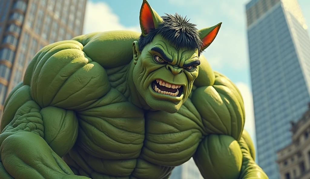 personage (red fox:1.2) In costume (Hulk:1.1) , in the city, Ghibli Style Studio, Akira Toriyama, Genshin Impact, 4k, bright colours, devinart, Trending on ArtStation,