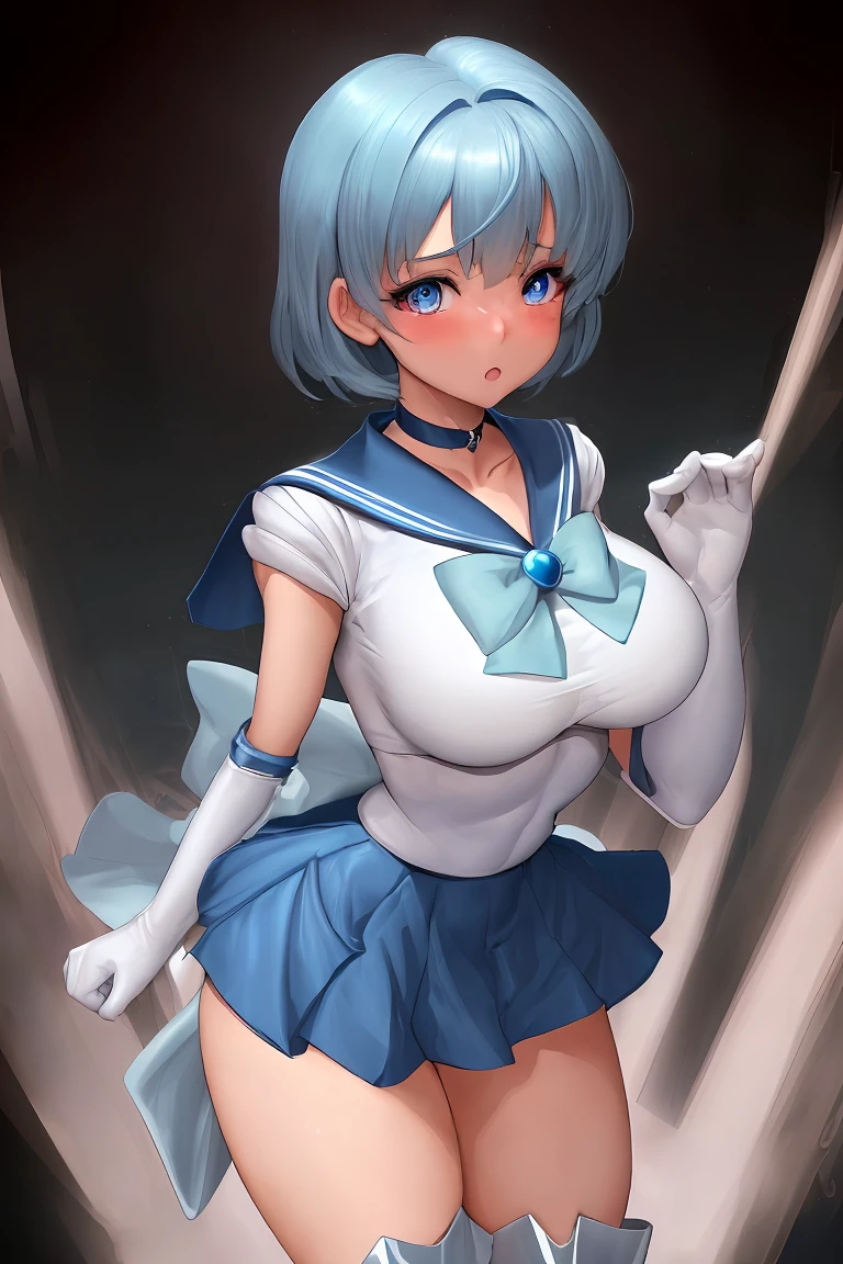 (masterpiece, best quality:1.2), (illustration), (perfect details, highest detailed, extreme detailed), dramatic light, (AmiMizuno:1.3), (sailor mercury, neck ribbon, blue hair, short hair, circlet, jewelry, crescent earrings), circlet、Blue sailor collar、solo、Sky blue bow tie、Blue-eyed boy、Very short blue-haired boy、a blue skirt、Blue choker、Blue knee boots、skirt、bow、back_bow、rating:safe、bootagical Boy、Bare shoulders、bare legs、knee_boots、sparkle_background、white glove、jewelry、smile、elbowgloves、blue_bow、sky blue_bow、heart、White leotard、highleg leotard、robe blanche、((from front,front face)),(plump thighs:1.3),((Voluptuous,glamorous,Chubby,thicc,curvy,Leggy,Tall,hanging breasts,1 grandma)),perfect nipple, extremely detailed nipple, round areola,(public hair:1.7),(((Pubic hair shows through))),(((nipple shows through))),
(open legs:1.5),(((squatting,spread legs,m legs,arms behind back))),
(glasses:1.2),Detailed beautiful eyes,looking at viewer,makeup,
((moody face)),((condom in mouth)),
(full-face blush:1.5),
(35 year old woman,mature female:1.2),red lip,Aragaki Yui.
in the school,