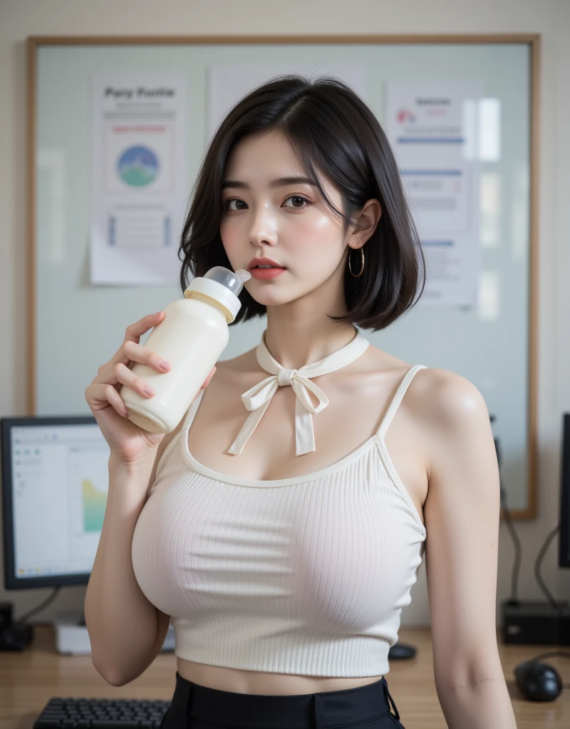 korean beauties, mixed korean, realist, (((Best Quality))), 8k, ((masterpiece)), (extremely delicate and beautiful), Very detailed, ((Very detailed face)), (Very detailed eyes)), Best Quality, 1 girl, Alone, (tight-fitting sportswear: 1.1), shiny skin, dark hair, (big breasts: 1.4), short skirt, (drinking cofee),in a park