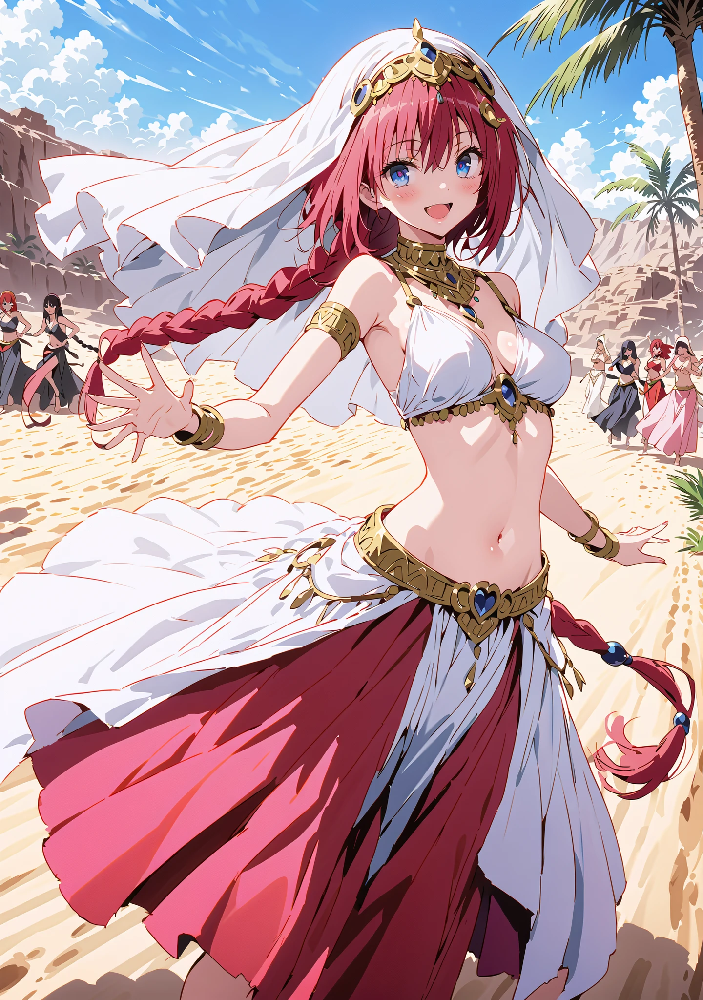 score_9, score_8_up, score_7_up, source_anime, Kurosaki's thing , stupid hair, blue eyes, Single long braid, Hair Intake, hair ornament,red hair,smile,cover,opens her mouth,Medium breast, Harem outfit, White Veil, Arabian clothing, collar , Mousebale, circlet , harem pants, bare feet,gold trim, dancer ,Palm Tree,Dancing,standing,full bodyがillustrationsに入るように,break outdoors, desert,オアシス
break looking at viewer,full body,
break (masterpiece:1.2), Best Quality, high resolution, Unity 8k 壁紙, (illustrations:0.8), (beautiful detailed eyes:1.6), very detailed face, so that it fits into the illustration, Extremely Detailed CG, (perfect hand, perfect anatomy),