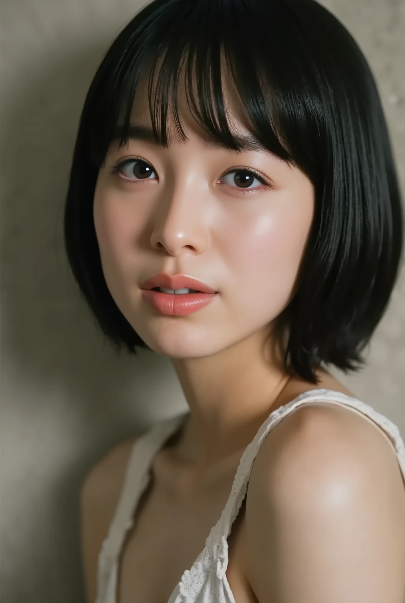 (( of the highest quality )), ((masterpiece)), ( details), First Person View ,girl, petite women, Voluptuous women ,( in the bedroom ),(((very big breasts, underwear, short bob hair))), black hair , (( without makeup, small eyes))