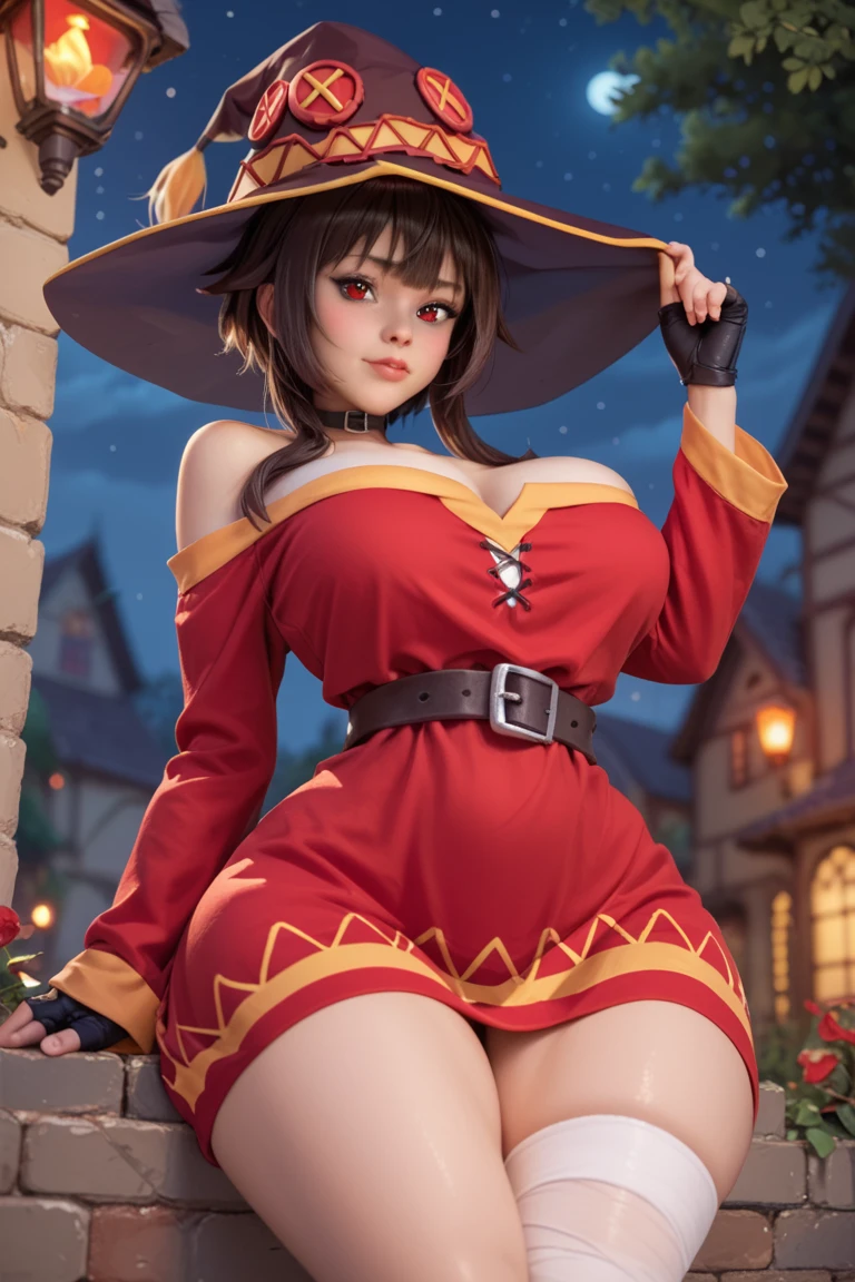 (best quality, highres, photo-realistic:1.37), Megumin, gothic leather outfit, black, denim shorts, detailed eyes, detailed lips, red hat, big bust