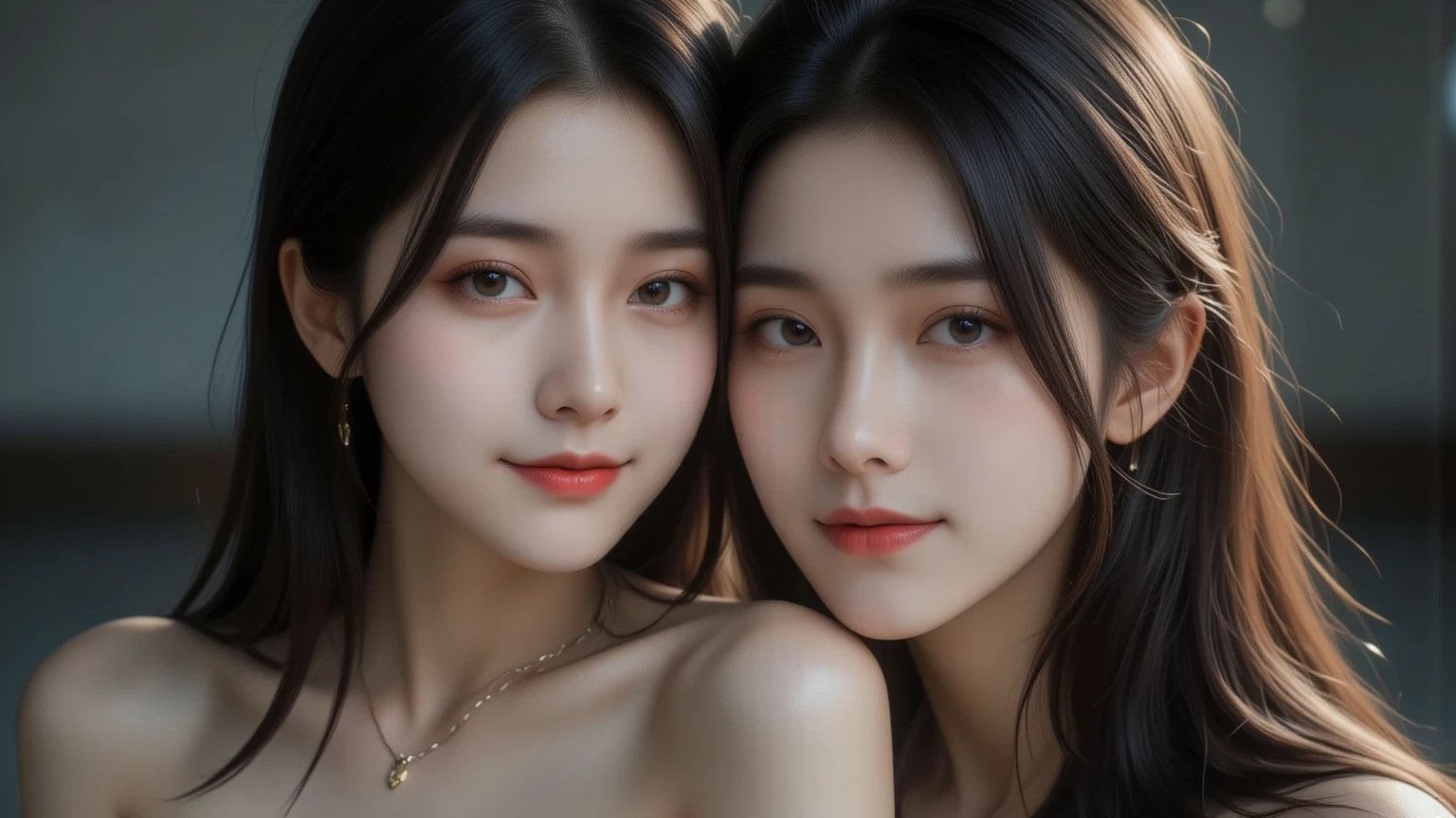 Ray tracing,RAW photogr,The proportions are the same for all races, All faces and pictures must be different,((Close-up portrait of two young people_Woman in transparent clothes))