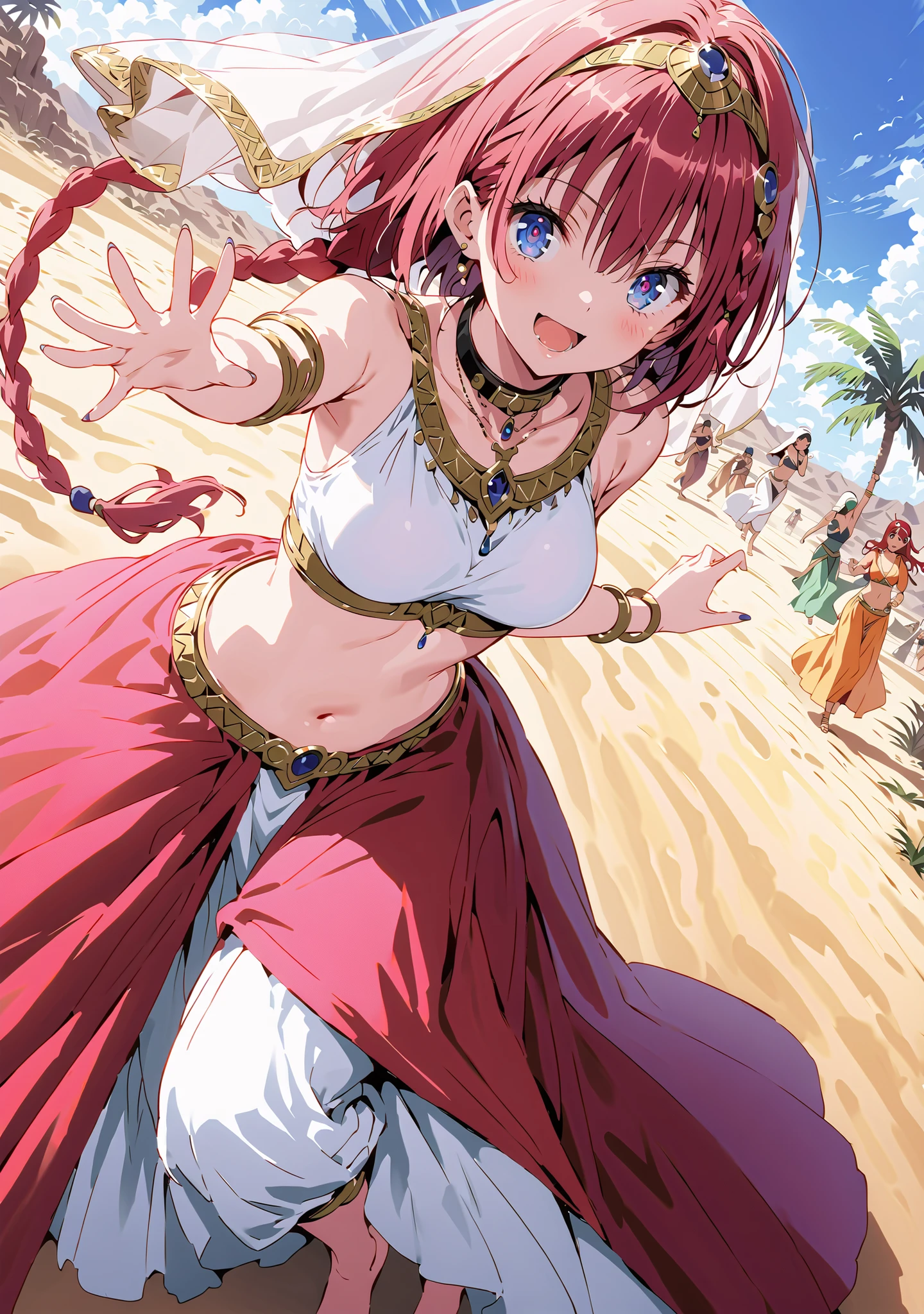 score_9, score_8_up, score_7_up, source_anime, Kurosaki's thing , stupid hair, blue eyes, Single long braid, Hair Intake, hair ornament,red hair,smile,cover,opens her mouth,Medium breast, Harem outfit, White Veil, Arabian clothing, collar , Mousebale, circlet , harem pants, bare feet,gold trim, dancer ,Palm Tree,Dancing,standing,full bodyがillustrationsに入るように,break outdoors, desert,オアシス
break looking at viewer,full body,
break (masterpiece:1.2), Best Quality, high resolution, Unity 8k 壁紙, (illustrations:0.8), (beautiful detailed eyes:1.6), very detailed face, so that it fits into the illustration, Extremely Detailed CG, (perfect hand, perfect anatomy),