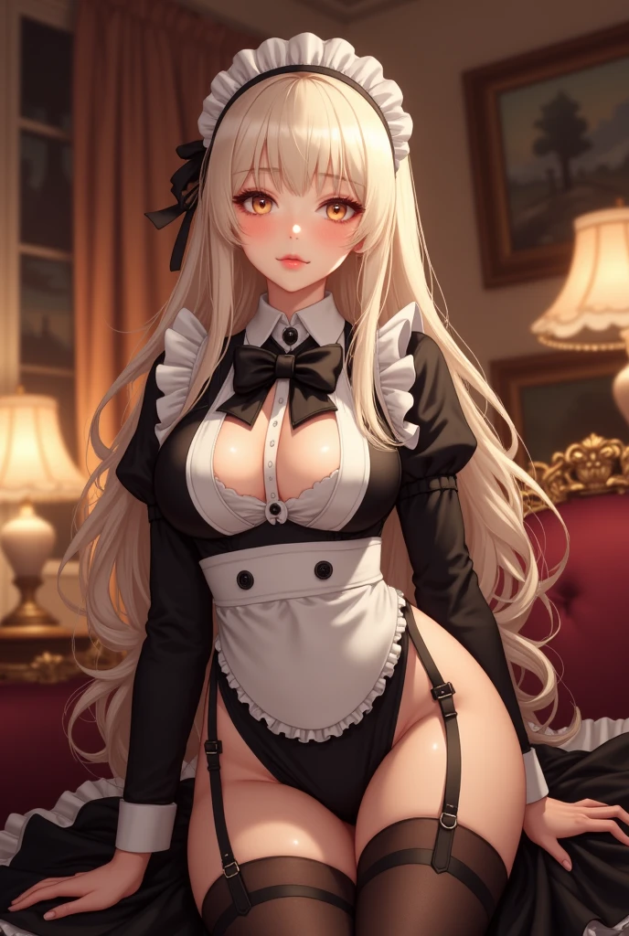 top-quality、realistic touch,high-detail、photoRealstic、 、A girl who remains young、Long body、Sheer costumes、Not wearing underwear、big eye、long lashes、Long upper eyelashes、platinum-blonde、cute little、Beautie、A sexy、full body Esbian、Sparkling eyes、Submissive smile、Flushed cheeks、Kamimei、Pose with buttocks sticking out、thin-waist、Sleeveless、visible from the side、Sexy armpits、Voluptuous thighs、Enraptured look、Apron Costume、Plump thighs protruding from knee socks、A maid working in a nobleman's mansion、Clothes with open sides