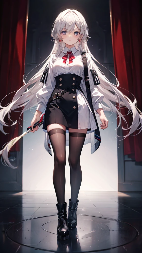 best quality, masterpiece, full body, (large breasts:1.2), long hair, black thighhighs, high heel, (microskirt:1.1), open clothes, garter belt, aircraft carrier