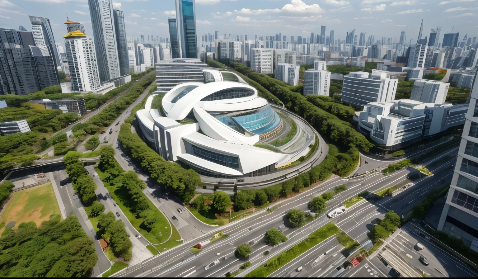 city background, trees, car, bulding, Architecture, city, sunshine, day, urban landscape, skyscrapers, scenery, white clouds, buildings, bridges, sky, city lights, blue sky, east_ Asia_ Architecture, mountains, rivers, pagodas, outdoor, trees, tokyo_\ (City )