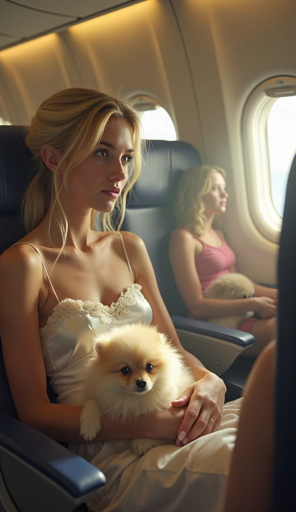 ((best quality)), ((masterpiece)), (detailed), 1A blonde woman and her golden retriever in first class on an airplane need ultra high definition