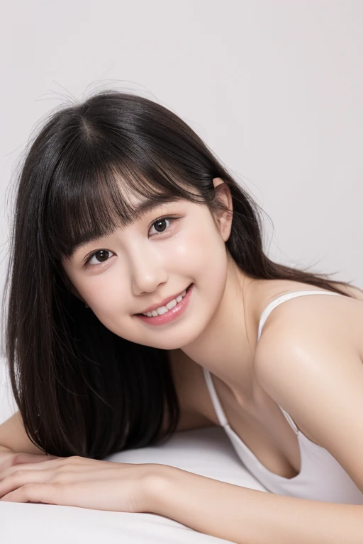 Beautiful and cute Japanese woman, inorganic white Snow White background, natural skin, cute, closed-mouth smile, neatly arranged black straight long hair, neatly arranged long bangs, 18 years old, young face, small build, short stature. , bikini, small breasts, natural skin, standing with a straight back, full body photo, neat ponytail, serious and honorable student atmosphere