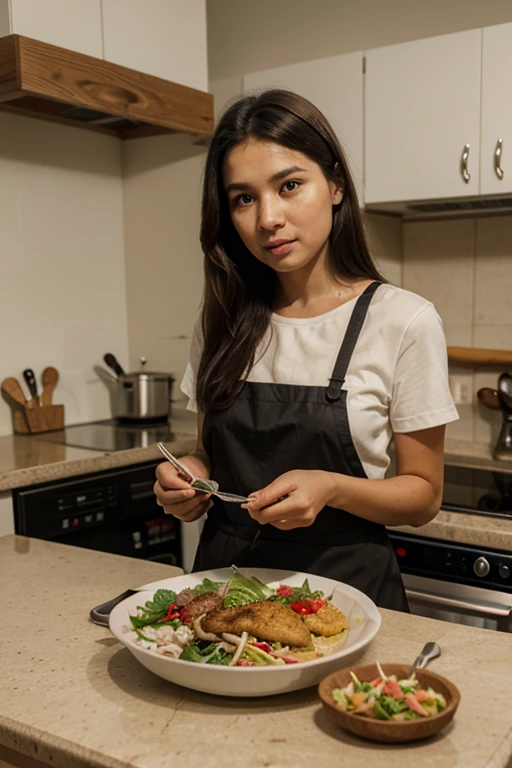 young german woman, black medium hair, brown eyes, 33 years old, cook lover, smirk, cooking in the restaurant, wearing apron


