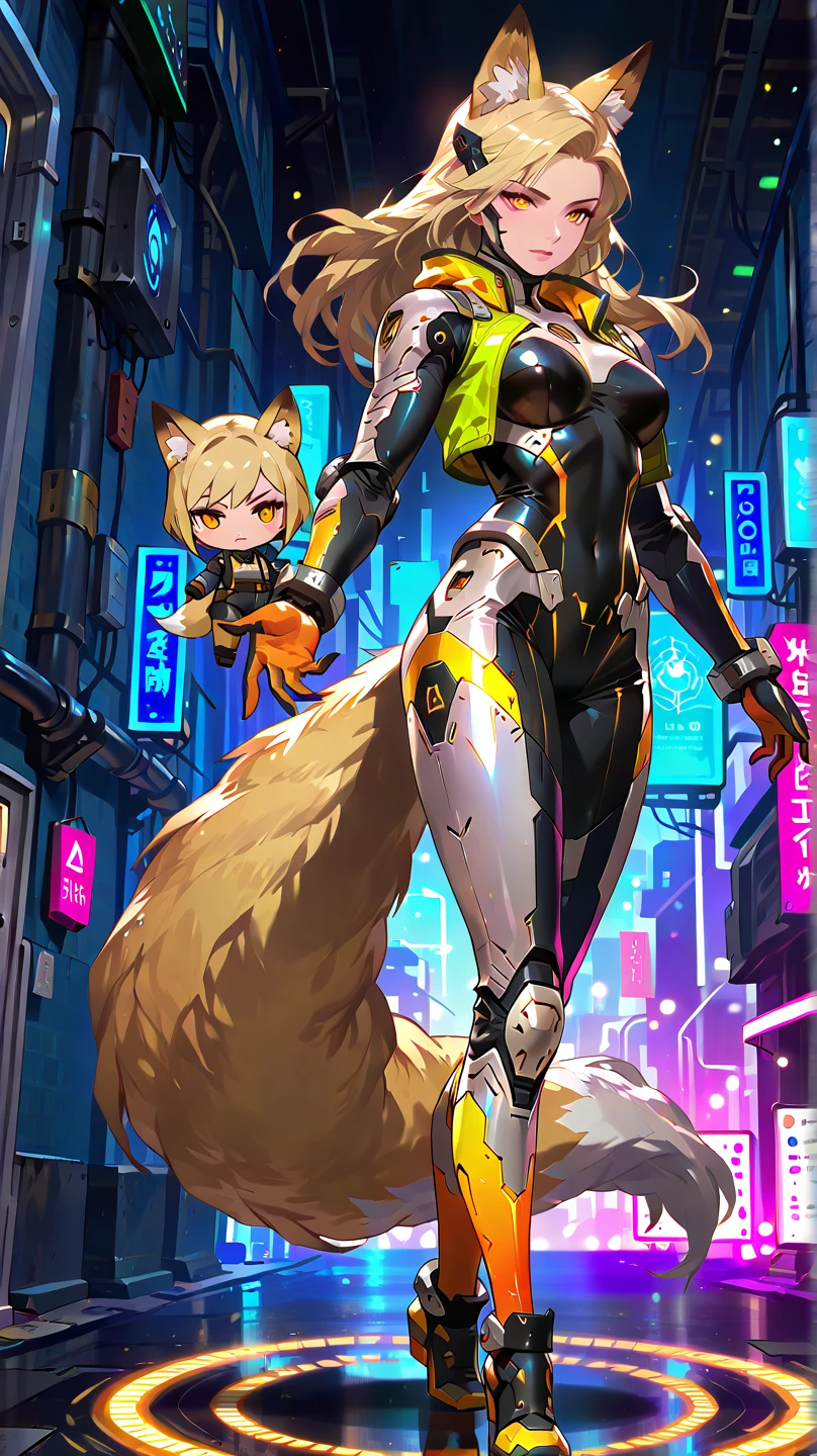 "A woman with vibrant neon yellow hair, adorned with artificial fox ears and mechanical fox tails, donning futuristic white attire accentuated with neon highlights. She is strolling amidst the bustling cyberpunk city streets."