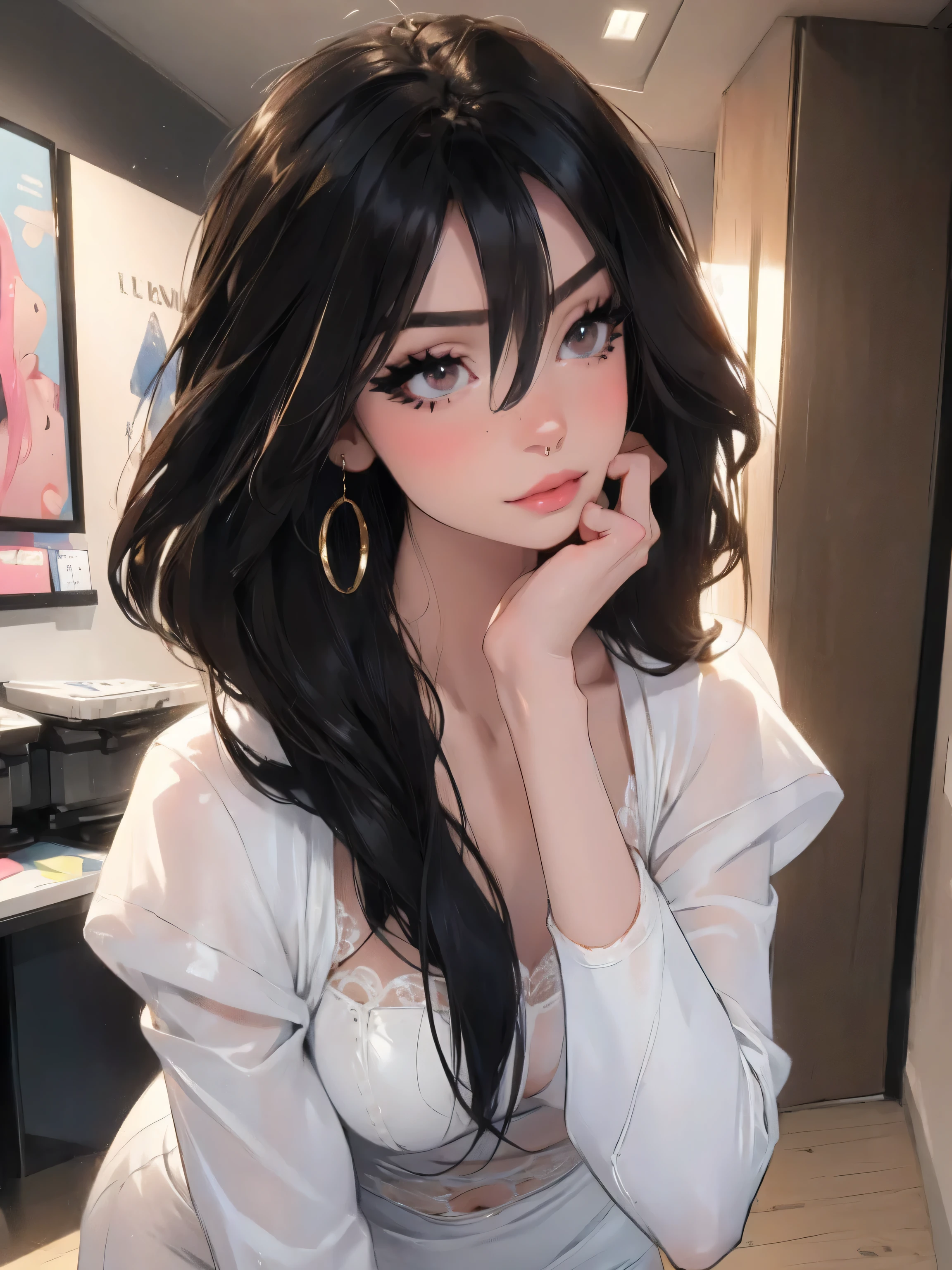 1girl,a beautiful fashion model ,(masterpiece, official art, best quality),long and shiny hair, black hair, full lips, upturned nose , medium breasts, stripping, elegant makeup, exhibitionism, naked in public, , slim thighs, toned body, shiny skin, sexy pose, tattoos, (( (slender, skinny, slim))), gold hoop earrings, pink eyeshadow, cute face, (((tight white leather mini dress)))