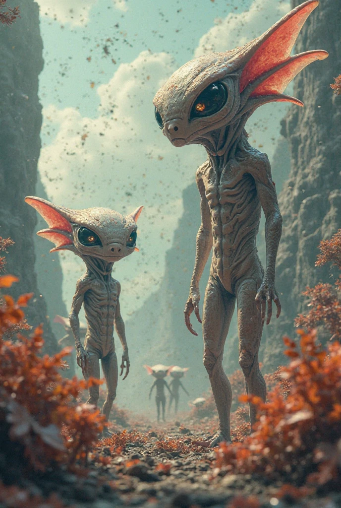 The aliens are walking as if they were looking for their ship