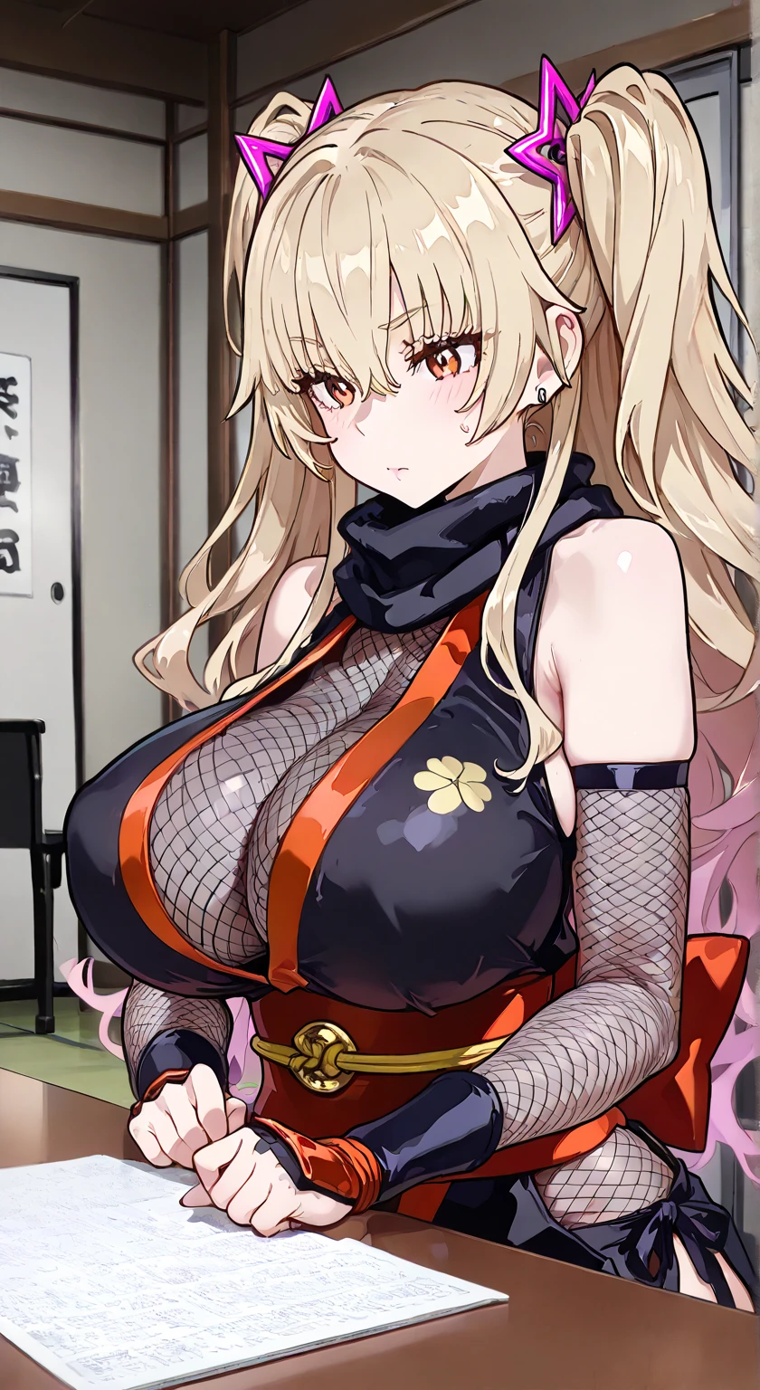 masterpiece, best quality, very aesthetic, absurdres, newest,1girl,upper body, (contempt, disgust,shaded face,looking at viewer,frown),heart-shaped gesture,,tsunade_(naruto), 1girl,black_pants, blonde_hair, breasts, brown_eyes, cleavage, coat, forehead_jewel, green_coat, grey_shirt, grin, large_breasts, long_hair,nail_polish, ninja, pants, red_nails, shirt,on stage