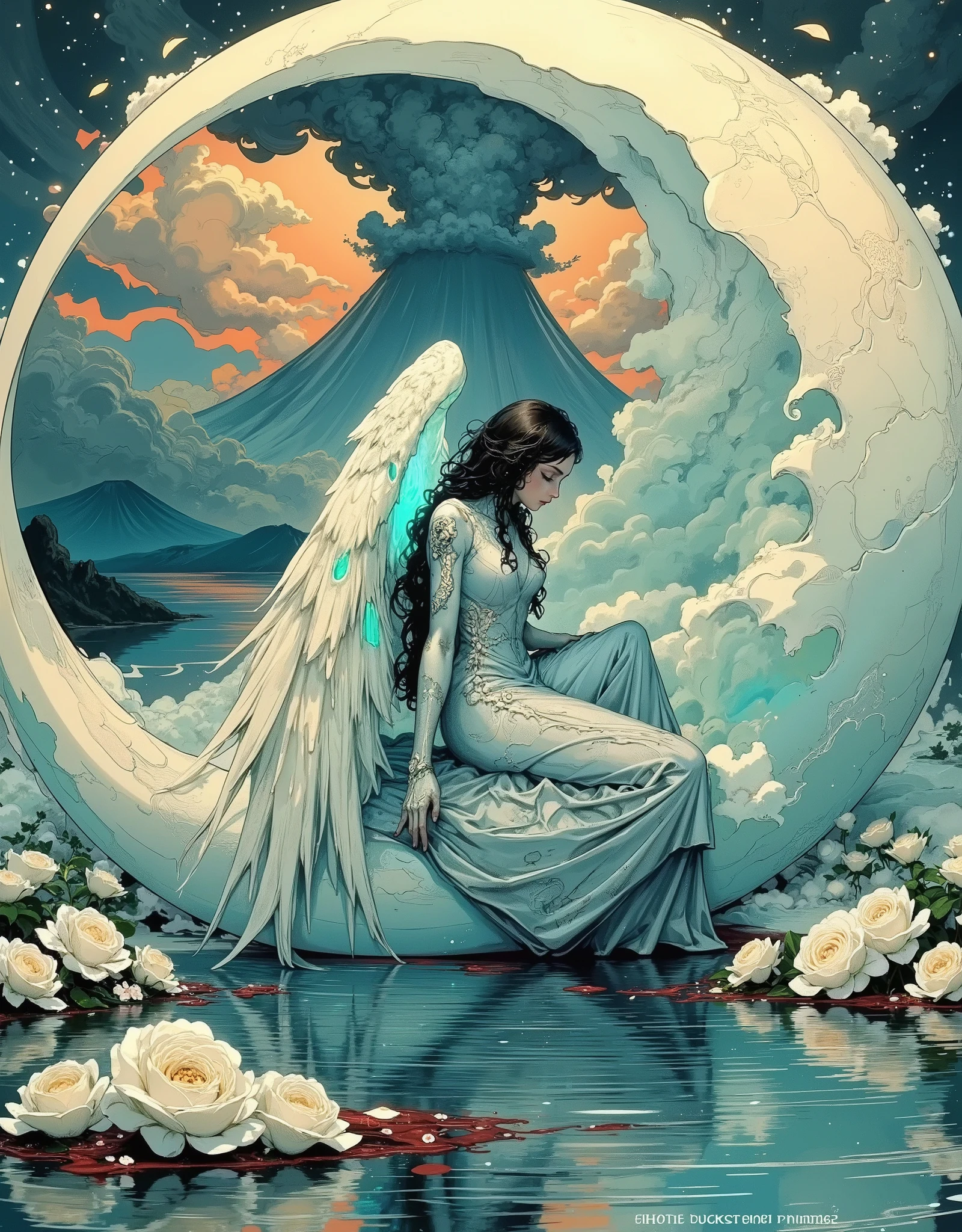 A beautiful cyborg angel lies among snow-white roses in a crescent moon boat floating on the lake, dipping his hand into the water, very beautiful cybernetic wings hanging into the water, spread out on the surface, a lot of beautiful white roses on the surface of the water, wings made of ultra-light transparent technical materials, pierced with plasma neon veins that glow softly through the water, a giant crescent moon in the background, reflection of the lake surface, volcanic eruption, view from above, shades of blue, lemon, peach, coral, emerald, azure, surrealism, volcanic smoke streaming with countless arrows, mysterious shape,white roses floating in the lake like snow,ripples that seem to ooze blood around the roses, Surrealism,(Best quality, 4K, 8k, High image quality, masterpiece: 1.2), Super detail, Amazing paintings, Uneven drawings, Rough touches