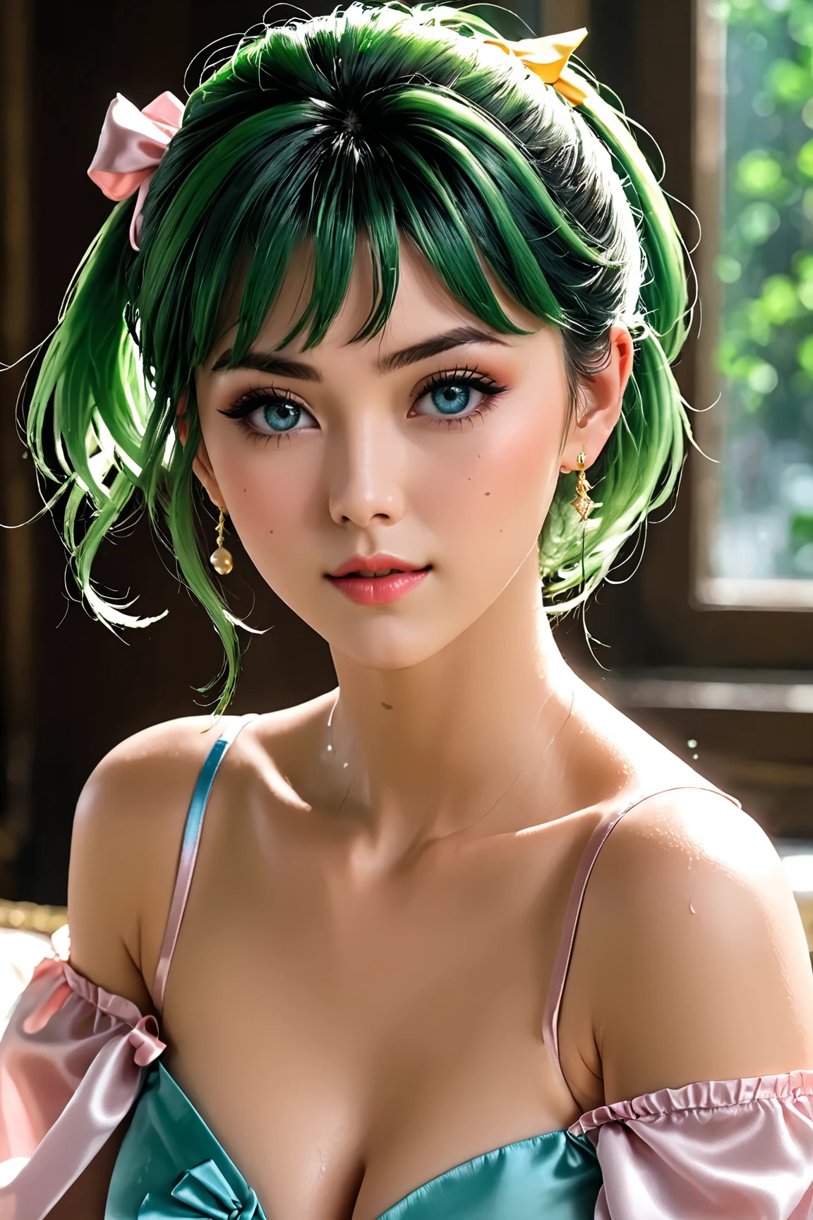 (masterpiece, highres, best quality, hentai, anime, realistic, vivid:1.2), dynamic angle closeup shot, (emotionless face:1.3), (shiny silkyskin, nude:1.3), (party chignon chartreuse green color hair), (thick, chubby, huge long wide nude breasts:1.3),