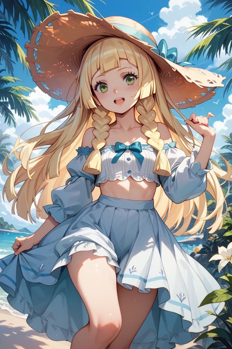 masterpiece, best quality, nsfw,
1girl, view from below,
(lift up the white dress:1.4), white dress, (white panties:1.5), straw hat, yellow hair, embarrassed face,
grassland,