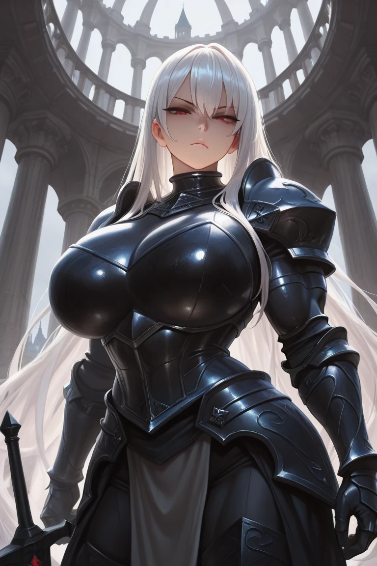 Plump girl, long silver hair, black eyes, extra large breasts, Sexy knight armor, Age 18, human