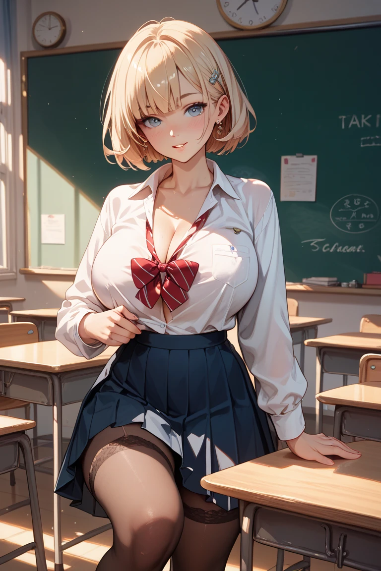 1girl, indoors, shirt, , navel, tied shirt, solo, jewelry, skirt, bracelet, red eyes, blonde hair, short hair, smile, looking at viewer, red skirt, large breasts skirt, open mouth, wet, plaid, dark-skinned female, wet shirt, dark skin, necklace, wet clothes, bangs, white shirt, cleavage, collrt, gyaru, window, :d, blush, hair between eyes, desk, classroom, earrings, pleated skirt, hand on hip, standing, collarbone, stomach, chair, see-through, midriff, miniskirt, shiny skin, school desk, hand up, cowboy shot, , thighs, teeth, school chair, day, groin, contrapposto, shiny, ear piercing, piercing, ass visible through ths, no bra, dress shirt, sleeves rolled up, bead bracelet, stud earrings, long sleeves, tan, front-tie top, upper teeth only, see-through shirt, crop top, bangle, nail polish, fingernails, hand in own hair, sunlight, kogal, star (symbol), covered nipples, tiles, backlightng collar, pendant, sweat, medium hair, beads, short sleeves, curtains, multiple earrings, wristband, open shirt, tile floor, no panties, open clothes, hair intable, long fingernails, unbuttoned, cross necklace, heart necklace, lower teeth only, partially unbuttoned, microskirt, feet out of frame, simple background, cross, crossed bangs, chalkboard, star earrings, lowleg, bob cut, eyelashes, signature, medium breasts, legs apart, sidelocks, mole, nercing, tree, artist name, shiny hair, unbuttoned shirt, white background, ceiling, school, wet hair, arm up, hair tucking, bare legs, pink nails, no humans, sitting, hoop earrings, heart, buttons, skindentation, round teeth, white nailong hair, red nails, Uniform distribution, see-through silhouette, socks, evening, fang, shadow, mole on breast, water, hand to head, sleeves past elbows, , holding, nipples, pearl bracelet, glint,