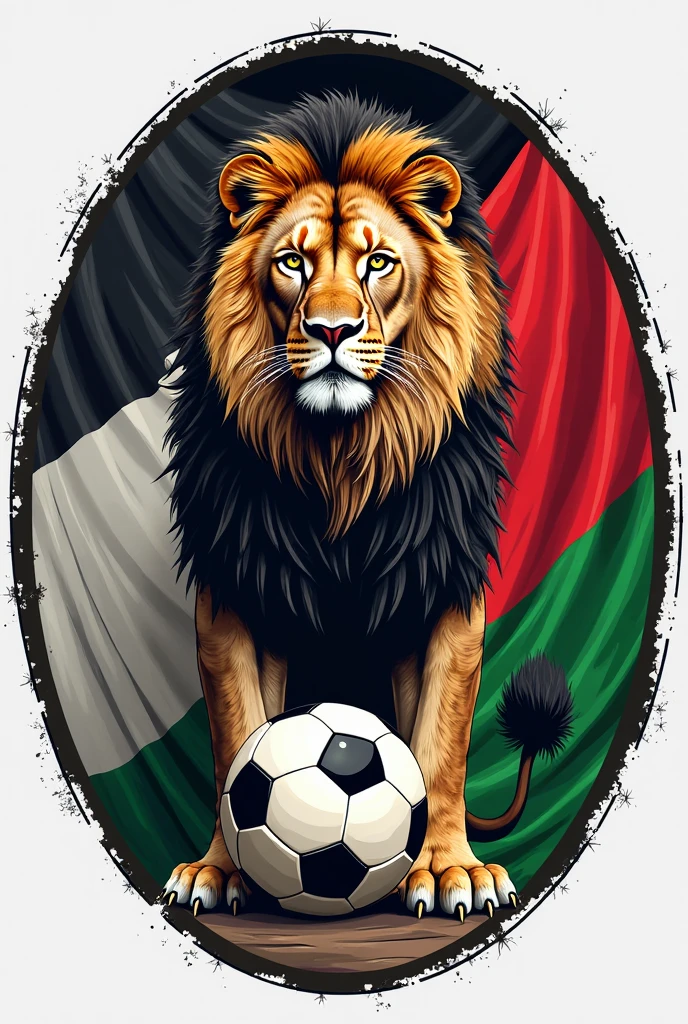 High relief lion holding a white and green soccer flag