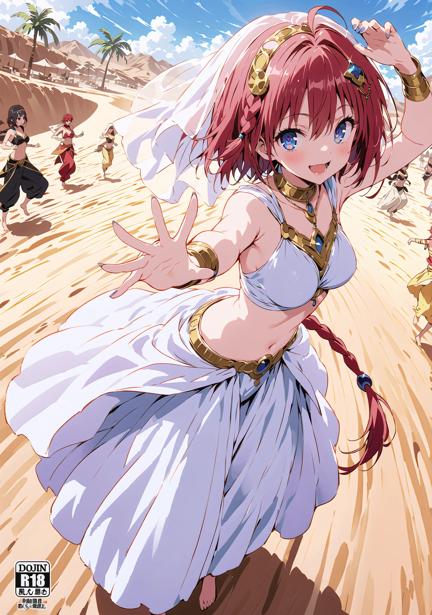score_9, score_8_up, score_7_up, source_anime, Kurosaki's thing , stupid hair, blue eyes, Single long braid, Hair Intake, hair ornament,red hair,smile,cover,opens her mouth,Medium breast, Harem outfit, White Veil, Arabian clothing,  collar , Mousebale, circlet , harem pants, bare feet,gold trim,  dancer ,Palm Tree,Dancing,standing,full bodyがillustrationsに入るように,break outdoors, desert,オアシス
break looking at viewer,full body,
break (masterpiece:1.2), Best Quality, high resolution, Unity 8k 壁紙, (illustrations:0.8), (beautiful detailed eyes:1.6), very detailed face,  so that it fits into the illustration, Extremely Detailed CG, (perfect hand, perfect anatomy),