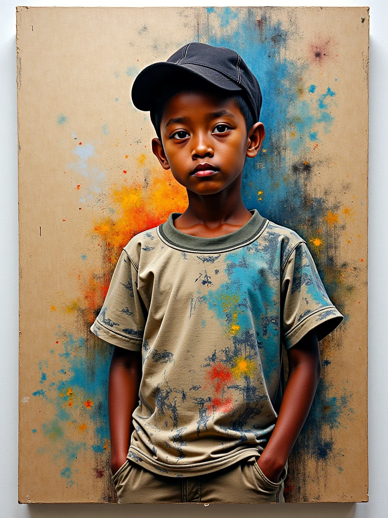 Portrait of a cute boy, 5-6 years old, with gray short bob-cut hair, big dark green eyes, and chubby bow lips. He is wearing a light yellow jumpsuit. The image is in a watercolor style, 4K, with high detail and ultra-realistic quality. Full body, full figure, with vivid colors, soft lighting, and a vibrant color palette. Sharp focus, subsurface scattering, f2, 35mm, film grain. The scene depicts a gentle, beautiful morning moment with high realism and sharpness, similar to photos taken with a Sony Alpha camera using a 100mm macro lens, resolution comparable to 8K UHD.
