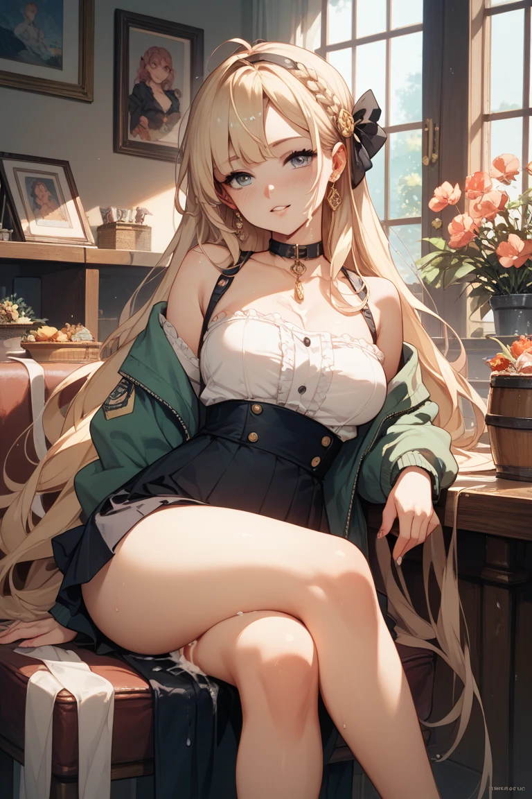 (1girl), 1 girl reclining on couch,  ((smug expression)) (add_detail:1), lush hair, 1girl, blonde braids, (green neck scarf, white vest, green skirt, white elbow gloves, white thigh high socks,) blue eyes, , dramatic lighting, shadmanv1, fat thighs, detailed skin texture, volumetric lighting, crossed legs,