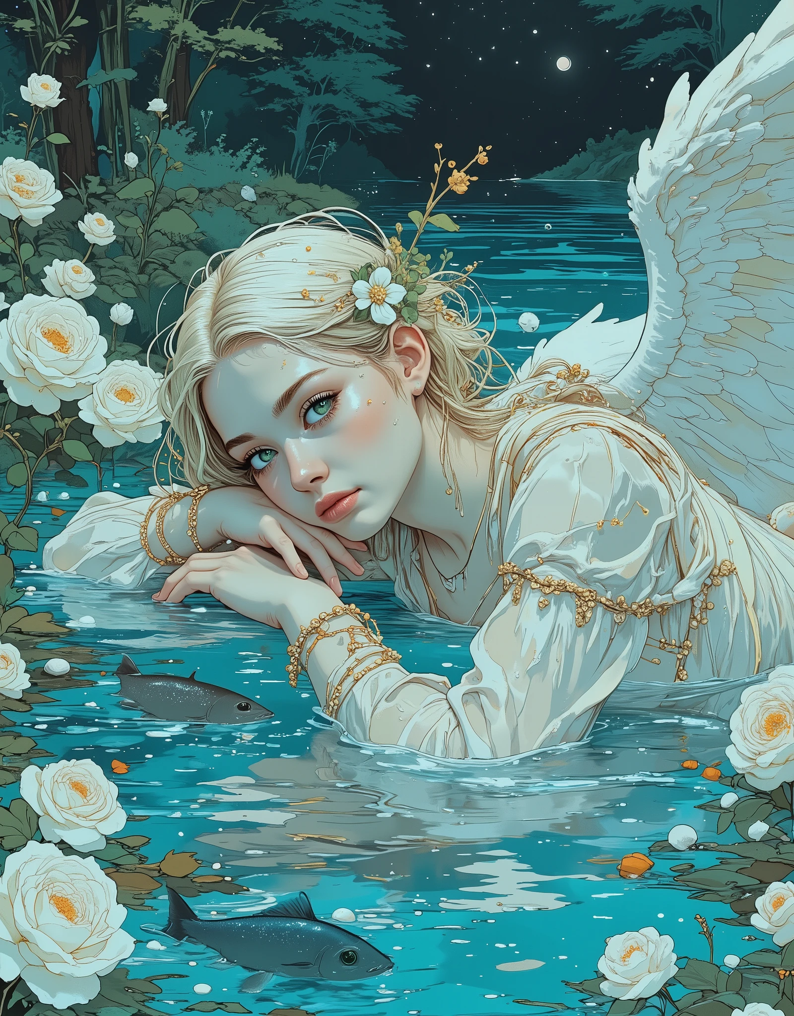 A beautiful white-winged angel lies horizontally in the water, among a multitude of snow-white roses, top view, large, beautiful light green eyes, long eyelashes, open mouth, delicate blush on pale skin, arms crossed over his chest, a branch of a beautiful plant in his hands, Translucent wet clothes, water around his body, fish, algae, pearls, sea foam, very long white hair intertwined with flowers and ribbons in bizarre strands, precious hair ornaments in the form of flowers and wings, embroidery with gold and precious stones, refined facial features, graceful beautiful regular hands, against the background of an azure lake among beautiful trees and flowers, whimsical fairy-tale flowers on the shore, inky sky after sunset, stars, moon, bright, gradient color scheme, digital art in the style of painting, symbolism, Art Nouveau, modern, fantastic realism, hand-painted, stylization, high detail,