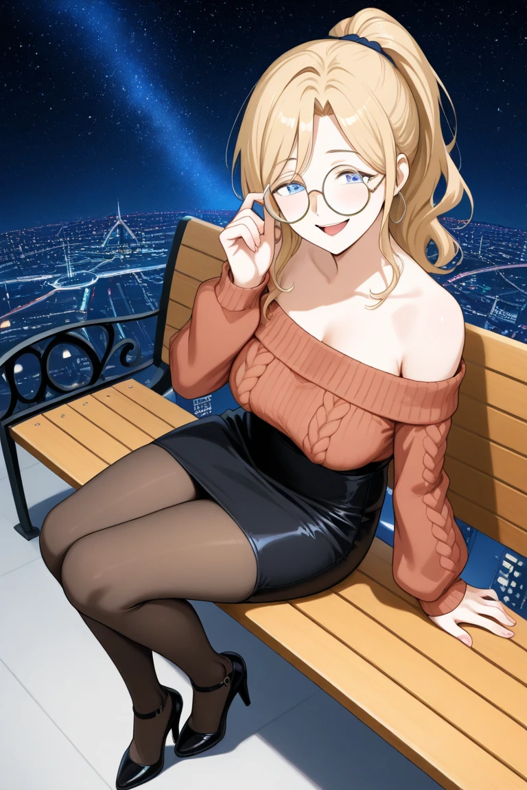 High resolution, 2D anime style,,blue eyes beautiful eyes,high and beautiful nose,thin face,blonde boyish short hair,Cool adult woman,Chest is slightly larger,she looks very happy,biting one's lips, she was very angry, she wears glasses,she narrows her eyes,Fashion that shows cleavage,I'm studying by the window in my bedroom with earphones in my ears.,London cityscape at night
