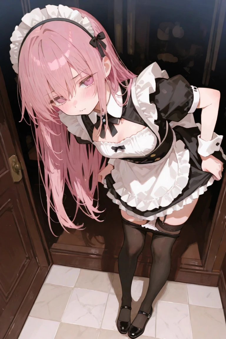 score_9, score_8_up, score_7_up, score_6_up, score_5_up, score_4_up, source_anime, 1girl, worth, pink hair, long hair, white eyes, A thoughtful face, w-w-chain, shackles, messy hair, Maid Costume, black thigh boots, dungeon, best quality, best res, 4K UHD,
