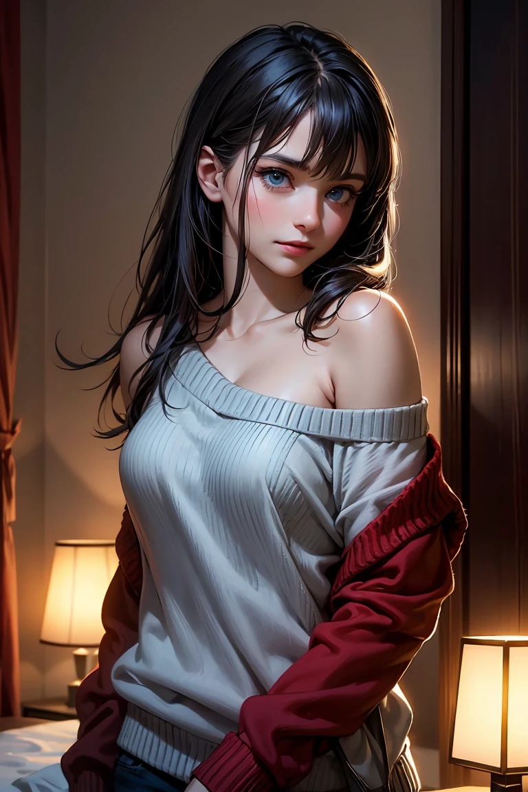 bloom, Lens Reflection, (8K, raw, professional, best quality, masterpiece: 1.2), (actual, photoactual: 1.37), Super detailed, (Wide Angle 25mm Portrait), (The most delicate skin: 1.2), The facial details are very rich, movie lighting, 1 girl, Long black wavy hair, (windy), Stand on the couch, dark light, looking at camera, Big breasts, Black and red shirt, Naked shirt