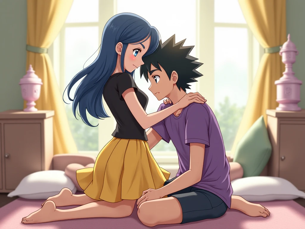 Dark skin anime girl, haciendo Foot tickling a su novio, A cute anime boy with very white skin and blue hair, Foot tickling