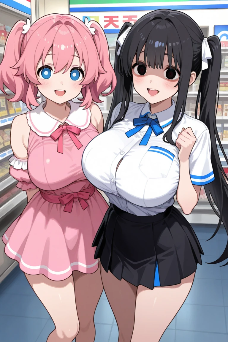 (Best Quality, masterpiece), 2 girls, intricate details, off the shoulder, Skirt, choker, looking at the viewer, blush, Upper part of the body, background with people, floral print, contrasted huge breasts showing the pussy, milk coming out of the shell, having sexy nude sex, two girls having sex inside a store while people look at them